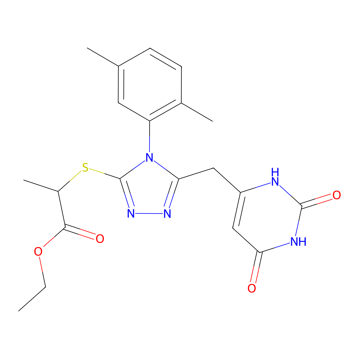 ethyl 2-[[4-(2,5-dimethylphenyl)-5-[(2,4-dioxo-1H-pyrimidin-6-yl)methyl]-1,2,4-triazol-3-yl]sulfanyl]propanoate molecular structure, CAS 852048-68-1