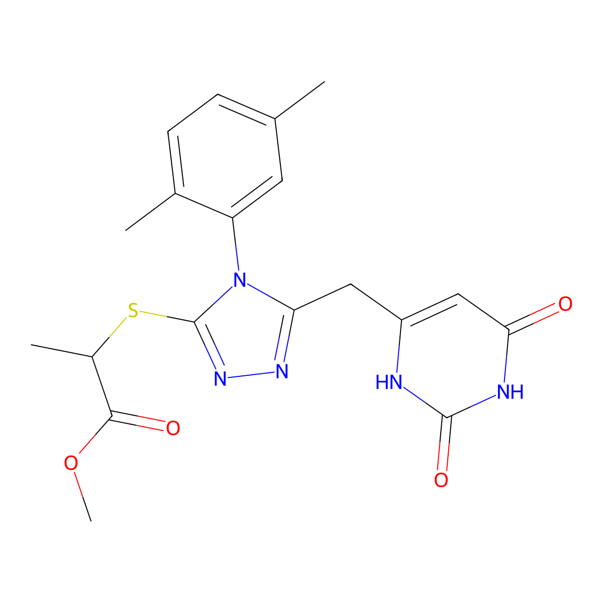 methyl 2-[[4-(2,5-dimethylphenyl)-5-[(2,4-dioxo-1H-pyrimidin-6-yl)methyl]-1,2,4-triazol-3-yl]sulfanyl]propanoate molecular structure, CAS 852048-69-2