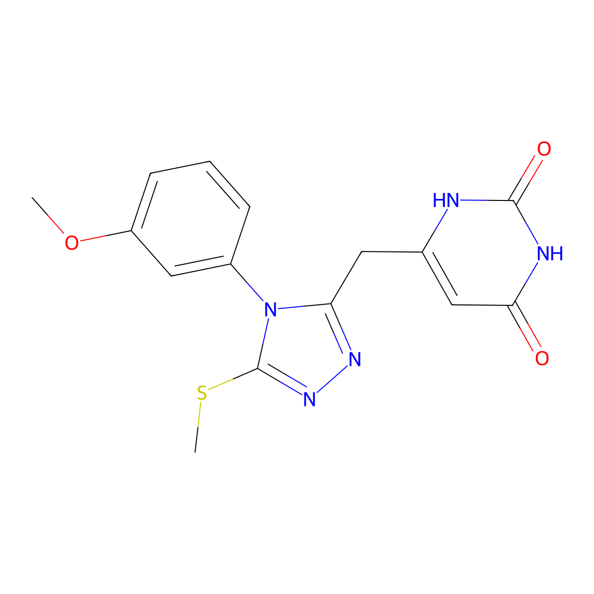 6-((4-(3-methoxyphenyl)-5-(methylthio)-4H-1,2,4-triazol-3-yl)methyl)pyrimidine-2,4(1H,3H)-dione molecular structure, CAS 852048-73-8