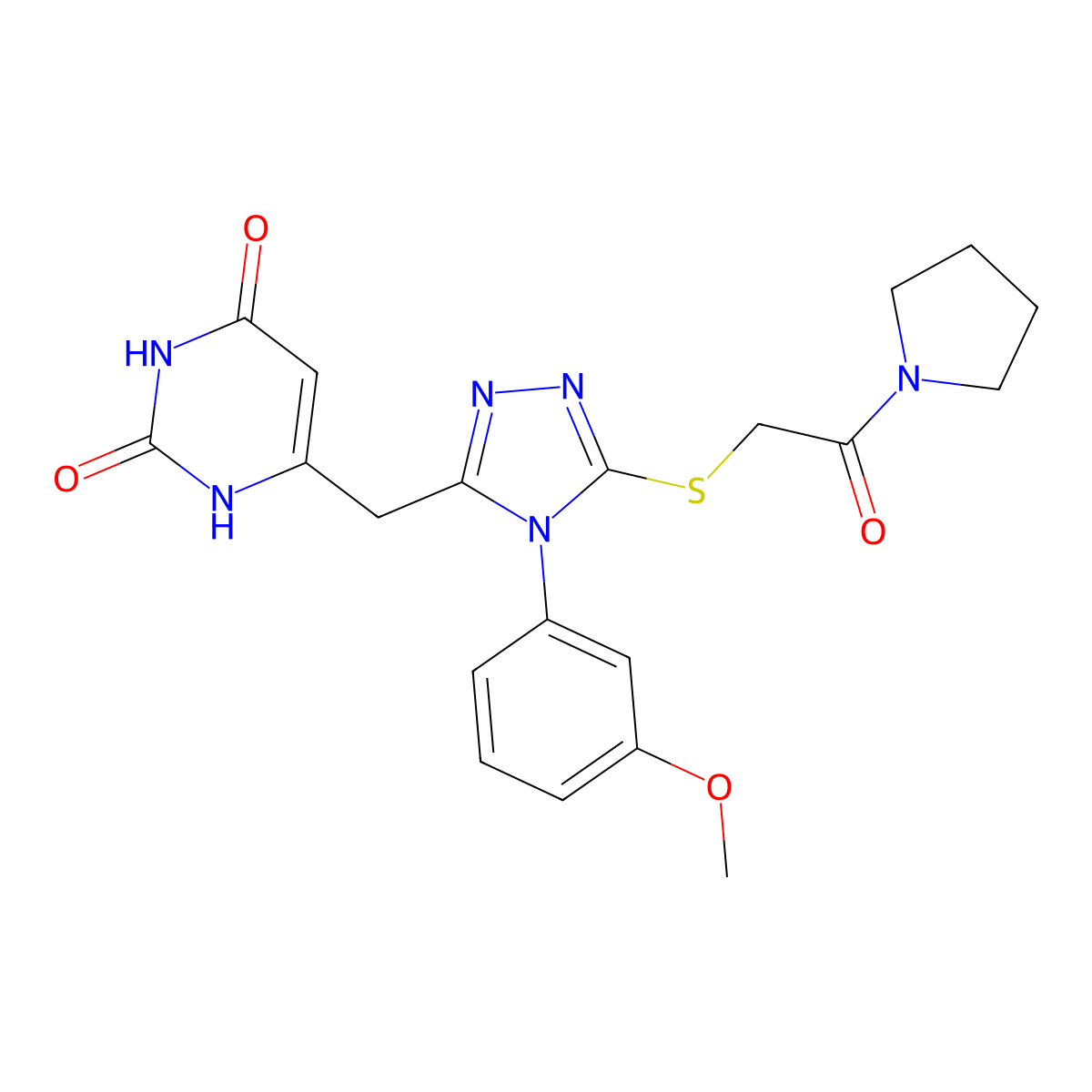 6-[[4-(3-methoxyphenyl)-5-(2-oxo-2-pyrrolidin-1-ylethyl)sulfanyl-1,2,4-triazol-3-yl]methyl]-1H-pyrimidine-2,4-dione molecular structure, CAS 852048-79-4