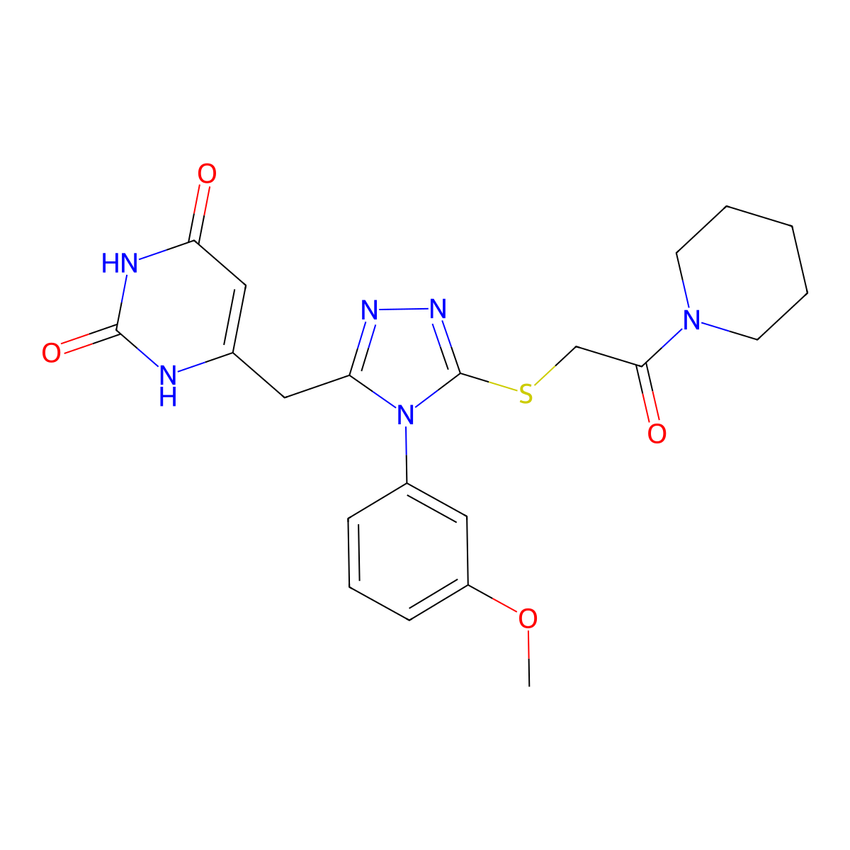 6-((4-(3-methoxyphenyl)-5-((2-oxo-2-(piperidin-1-yl)ethyl)thio)-4H-1,2,4-triazol-3-yl)methyl)pyrimidine-2,4(1H,3H)-dione molecular structure, CAS 852048-80-7
