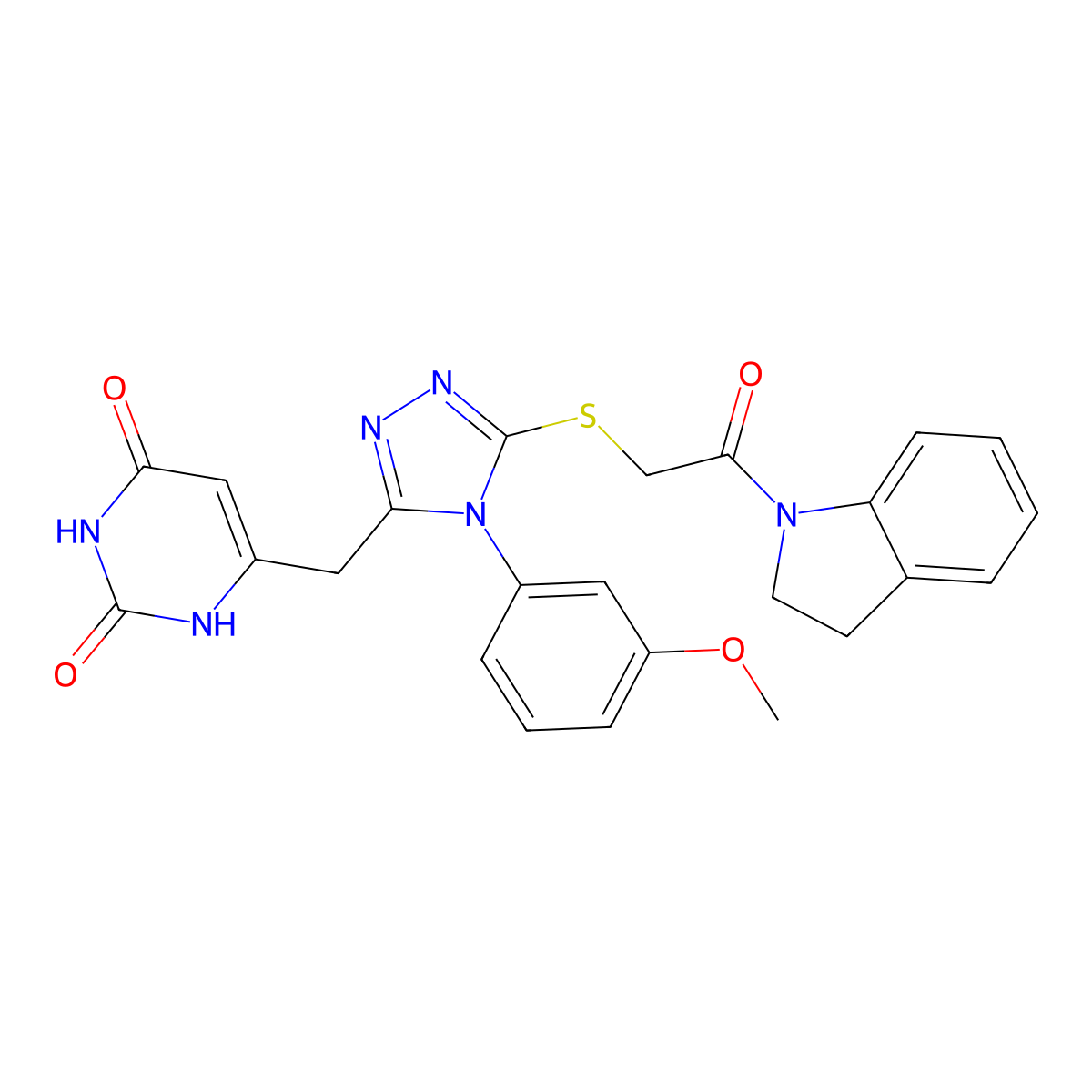 6-((5-((2-(indolin-1-yl)-2-oxoethyl)thio)-4-(3-methoxyphenyl)-4H-1,2,4-triazol-3-yl)methyl)pyrimidine-2,4(1H,3H)-dione molecular structure, CAS 852048-84-1