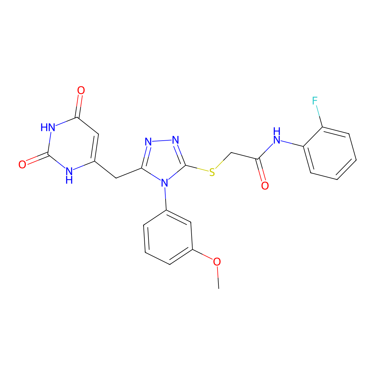 2-((5-((2,6-dioxo-1,2,3,6-tetrahydropyrimidin-4-yl)methyl)-4-(3-methoxyphenyl)-4H-1,2,4-triazol-3-yl)thio)-N-(2-fluorophenyl)acetamide molecular structure, CAS 852048-94-3