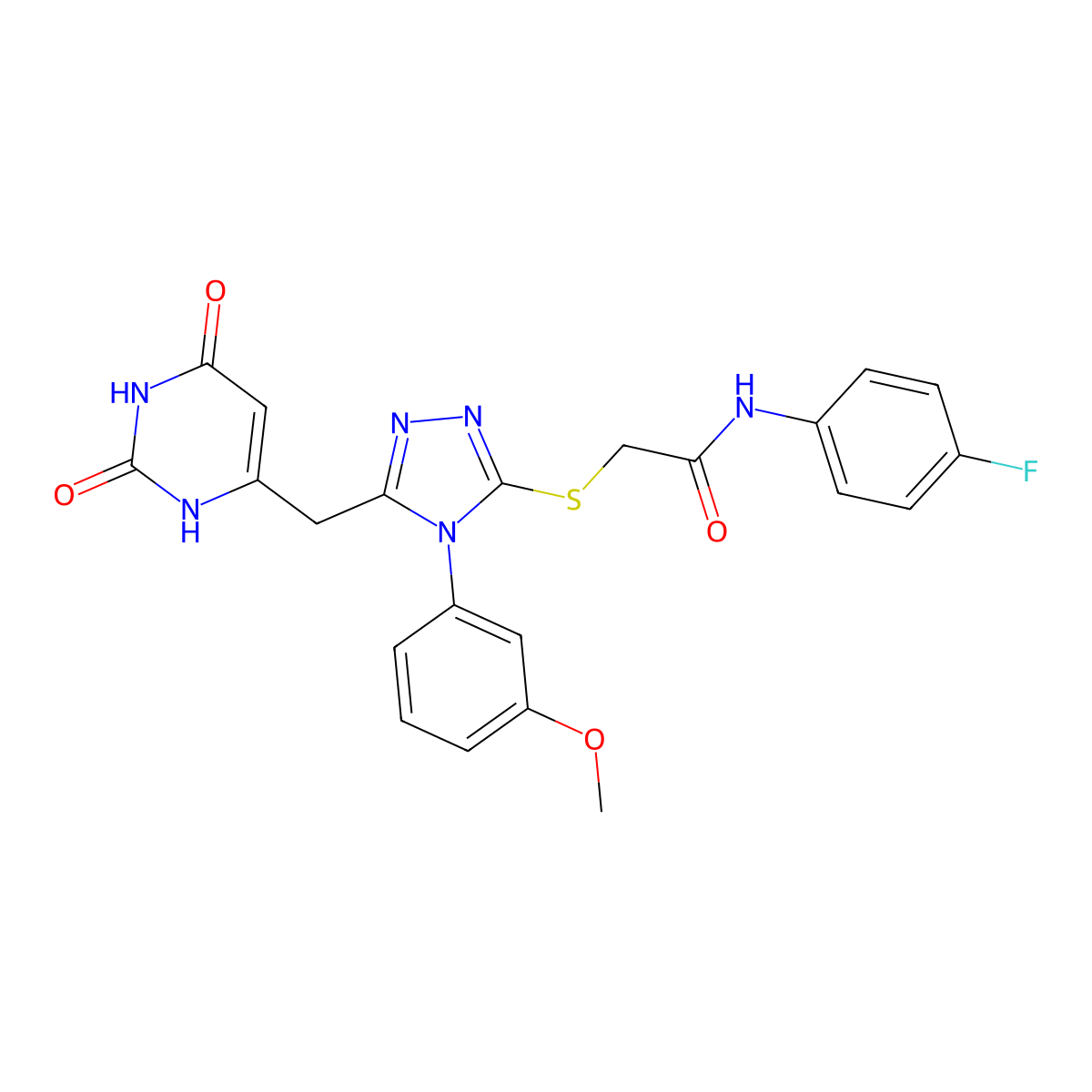 2-[[5-[(2,4-dioxo-1H-pyrimidin-6-yl)methyl]-4-(3-methoxyphenyl)-1,2,4-triazol-3-yl]sulfanyl]-N-(4-fluorophenyl)acetamide molecular structure, CAS 852048-96-5