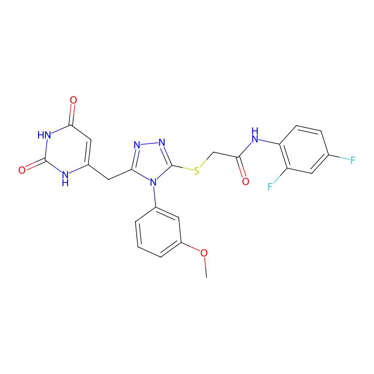 N-(2,4-difluorophenyl)-2-[[5-[(2,4-dioxo-1H-pyrimidin-6-yl)methyl]-4-(3-methoxyphenyl)-1,2,4-triazol-3-yl]sulfanyl]acetamide molecular structure, CAS 852048-99-8