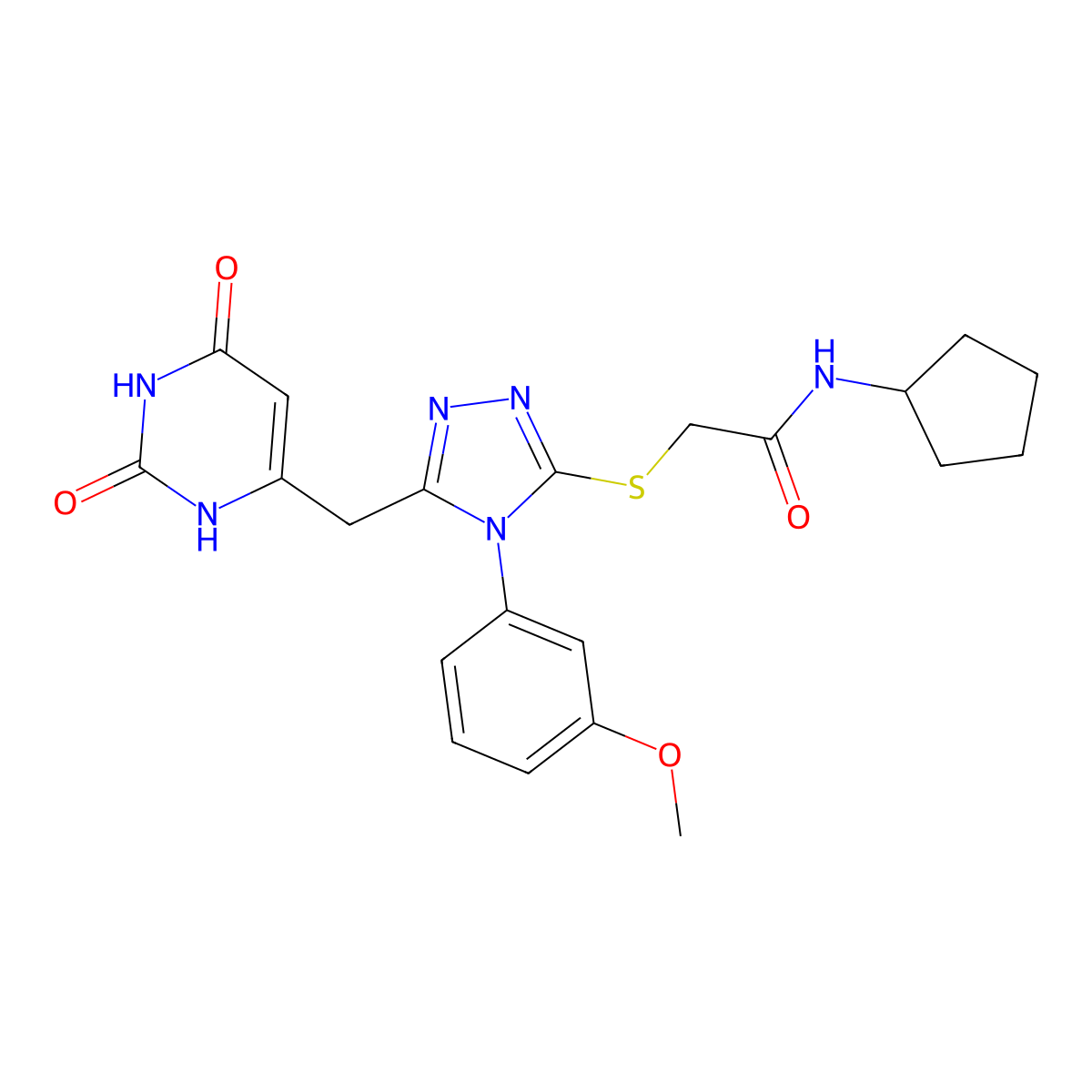 N-cyclopentyl-2-((5-((2,6-dioxo-1,2,3,6-tetrahydropyrimidin-4-yl)methyl)-4-(3-methoxyphenyl)-4H-1,2,4-triazol-3-yl)thio)acetamide molecular structure, CAS 852049-03-7