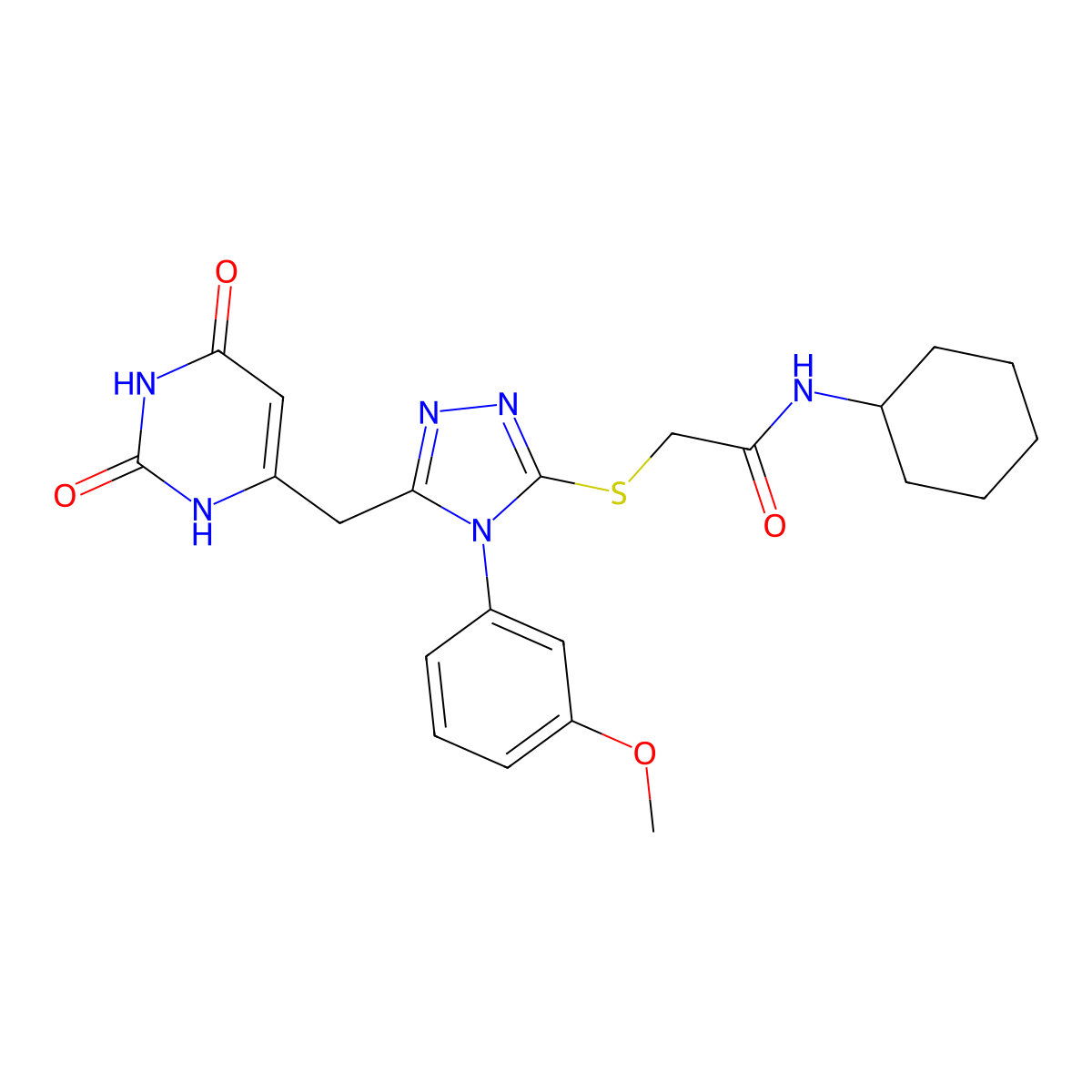 N-cyclohexyl-2-((5-((2,6-dioxo-1,2,3,6-tetrahydropyrimidin-4-yl)methyl)-4-(3-methoxyphenyl)-4H-1,2,4-triazol-3-yl)thio)acetamide molecular structure, CAS 852049-05-9