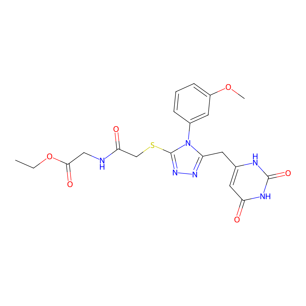 ethyl 2-(2-((5-((2,6-dioxo-1,2,3,6-tetrahydropyrimidin-4-yl)methyl)-4-(3-methoxyphenyl)-4H-1,2,4-triazol-3-yl)thio)acetamido)acetate molecular structure, CAS 852049-06-0