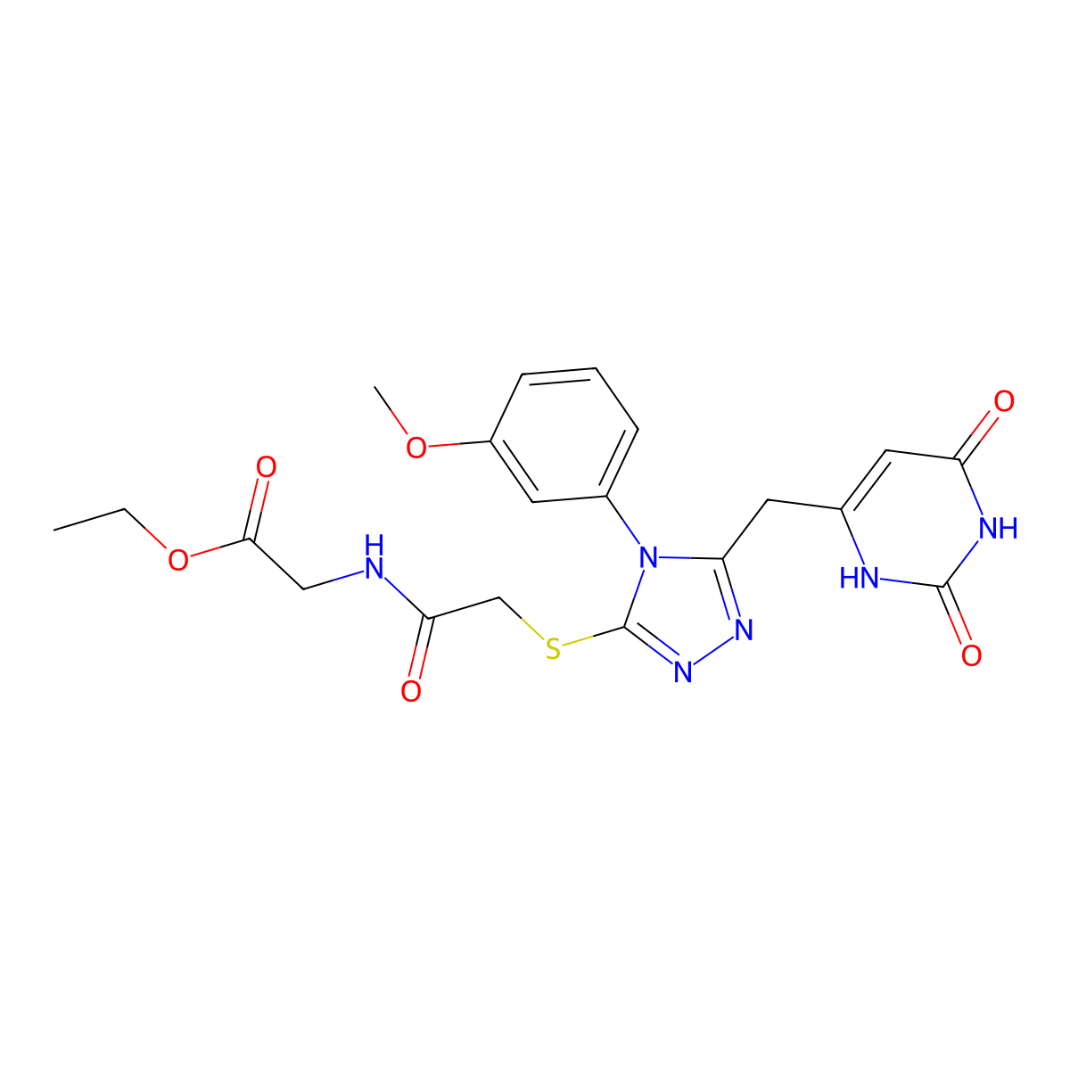 ethyl 2-(2-((5-((2,6-dioxo-1,2,3,6-tetrahydropyrimidin-4-yl)methyl)-4-(3-methoxyphenyl)-4H-1,2,4-triazol-3-yl)thio)acetamido)acetate molecular structure, CAS 852049-06-0