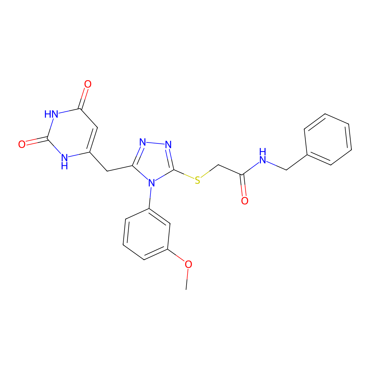 N-benzyl-2-[[5-[(2,4-dioxo-1H-pyrimidin-6-yl)methyl]-4-(3-methoxyphenyl)-1,2,4-triazol-3-yl]sulfanyl]acetamide molecular structure, CAS 852049-07-1