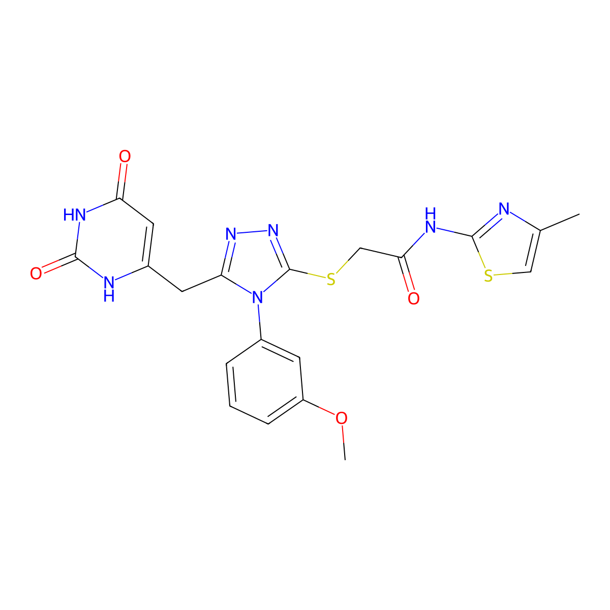2-((5-((2,6-dioxo-1,2,3,6-tetrahydropyrimidin-4-yl)methyl)-4-(3-methoxyphenyl)-4H-1,2,4-triazol-3-yl)thio)-N-(4-methylthiazol-2-yl)acetamide molecular structure, CAS 852049-10-6