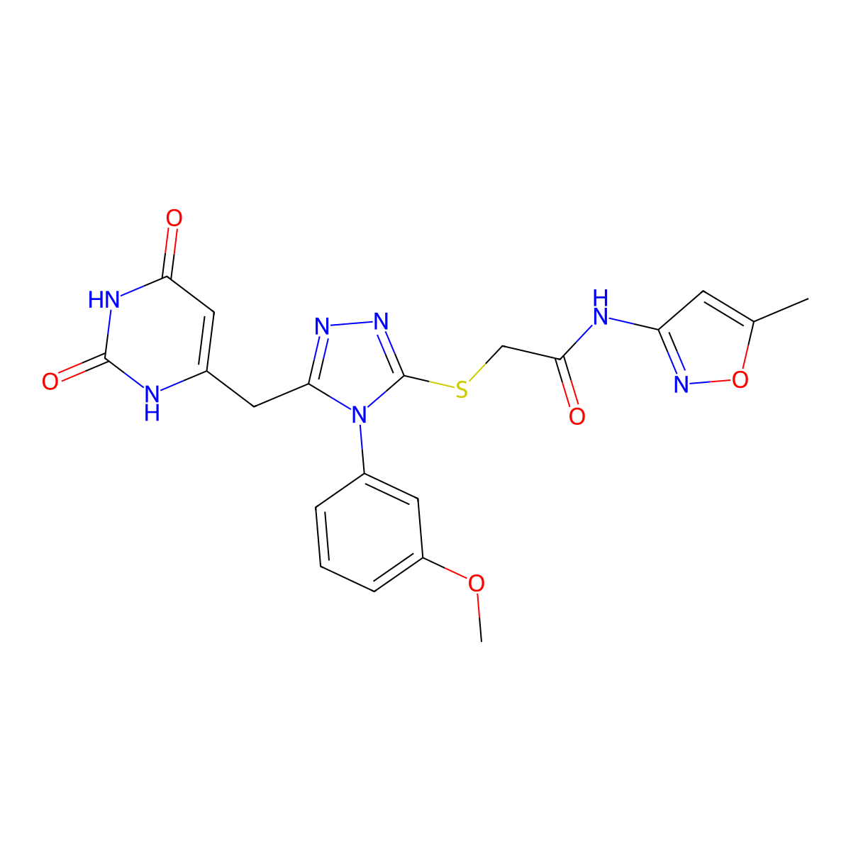 2-((5-((2,6-dioxo-1,2,3,6-tetrahydropyrimidin-4-yl)methyl)-4-(3-methoxyphenyl)-4H-1,2,4-triazol-3-yl)thio)-N-(5-methylisoxazol-3-yl)acetamide molecular structure, CAS 852049-13-9