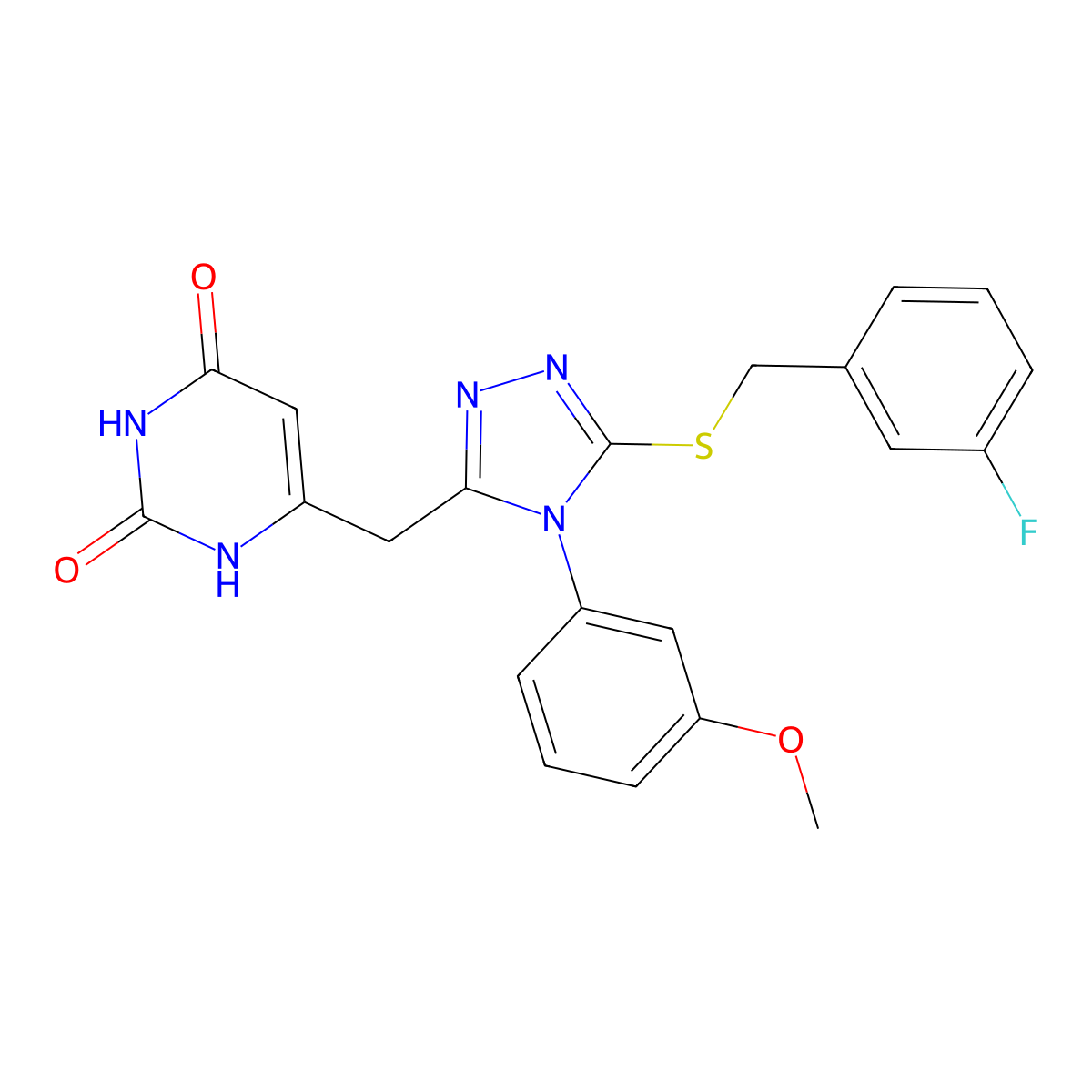 6-[[5-[(3-fluorophenyl)methylsulfanyl]-4-(3-methoxyphenyl)-1,2,4-triazol-3-yl]methyl]-1H-pyrimidine-2,4-dione molecular structure, CAS 852049-15-1