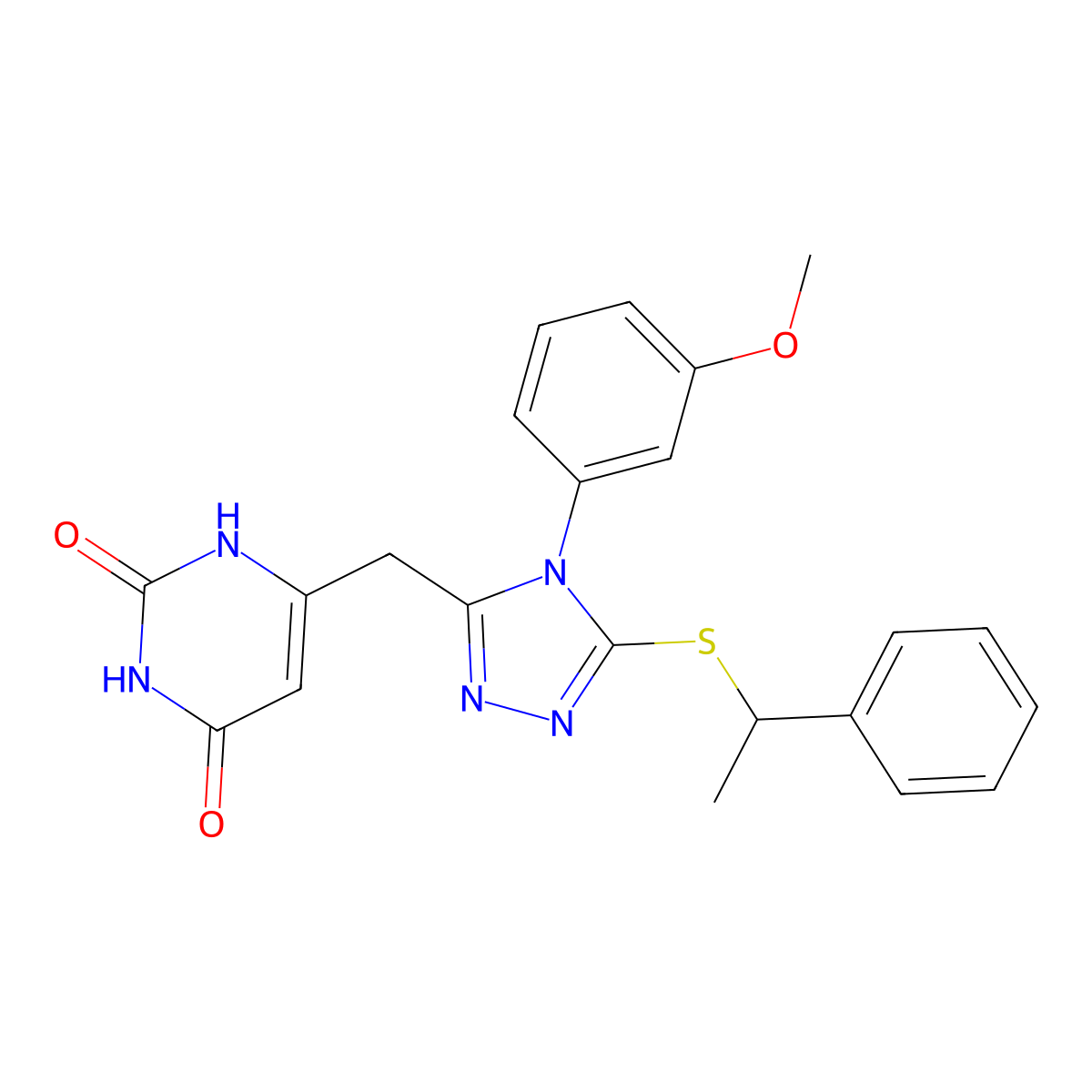 6-((4-(3-methoxyphenyl)-5-((1-phenylethyl)thio)-4H-1,2,4-triazol-3-yl)methyl)pyrimidine-2,4(1H,3H)-dione molecular structure, CAS 852049-17-3