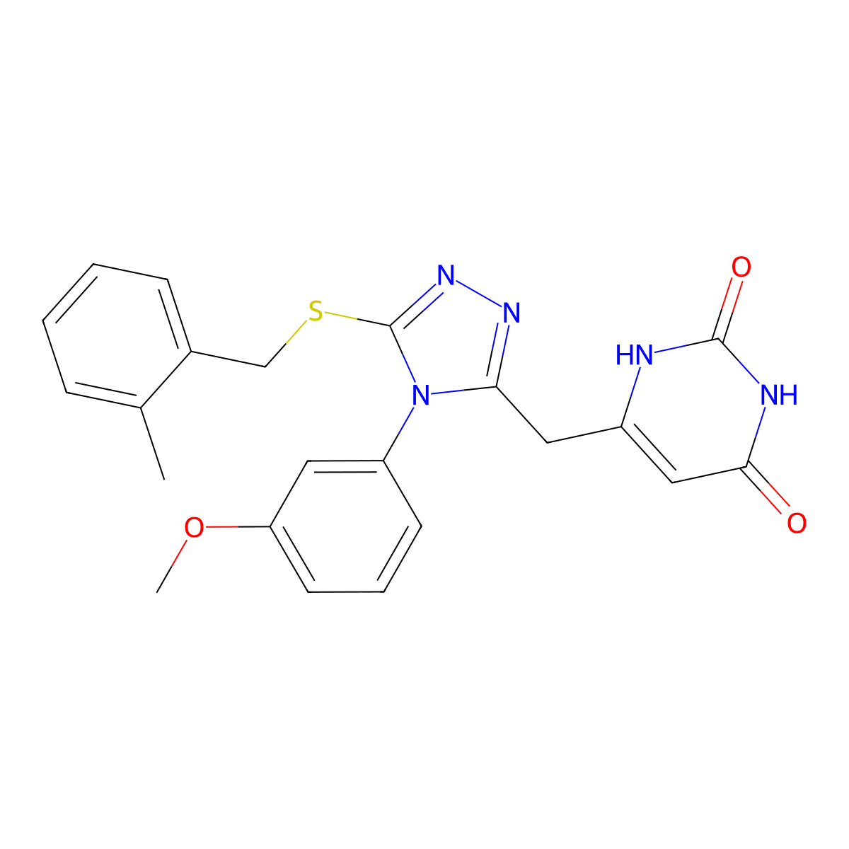 6-((4-(3-methoxyphenyl)-5-((2-methylbenzyl)thio)-4H-1,2,4-triazol-3-yl)methyl)pyrimidine-2,4(1H,3H)-dione molecular structure, CAS 852049-19-5