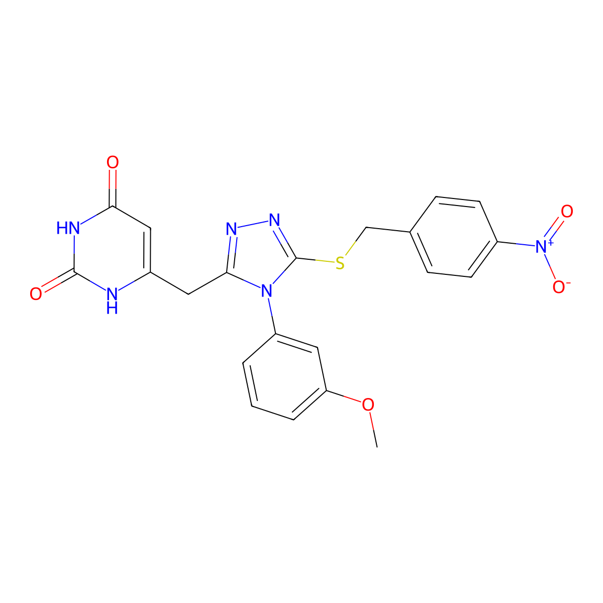 6-((4-(3-methoxyphenyl)-5-((4-nitrobenzyl)thio)-4H-1,2,4-triazol-3-yl)methyl)pyrimidine-2,4(1H,3H)-dione molecular structure, CAS 852049-21-9