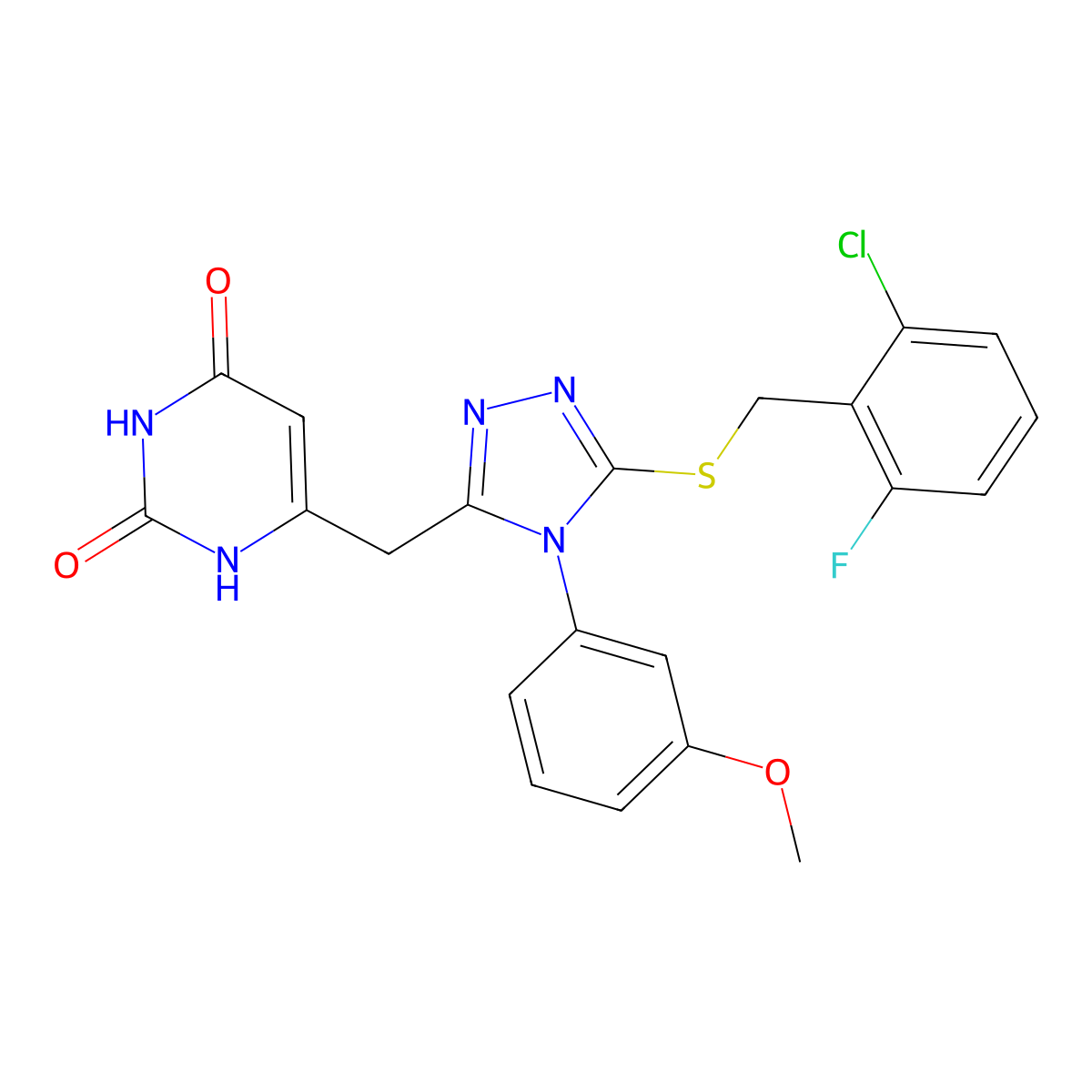 6-[[5-[(2-chloro-6-fluorophenyl)methylsulfanyl]-4-(3-methoxyphenyl)-1,2,4-triazol-3-yl]methyl]-1H-pyrimidine-2,4-dione molecular structure, CAS 852049-22-0