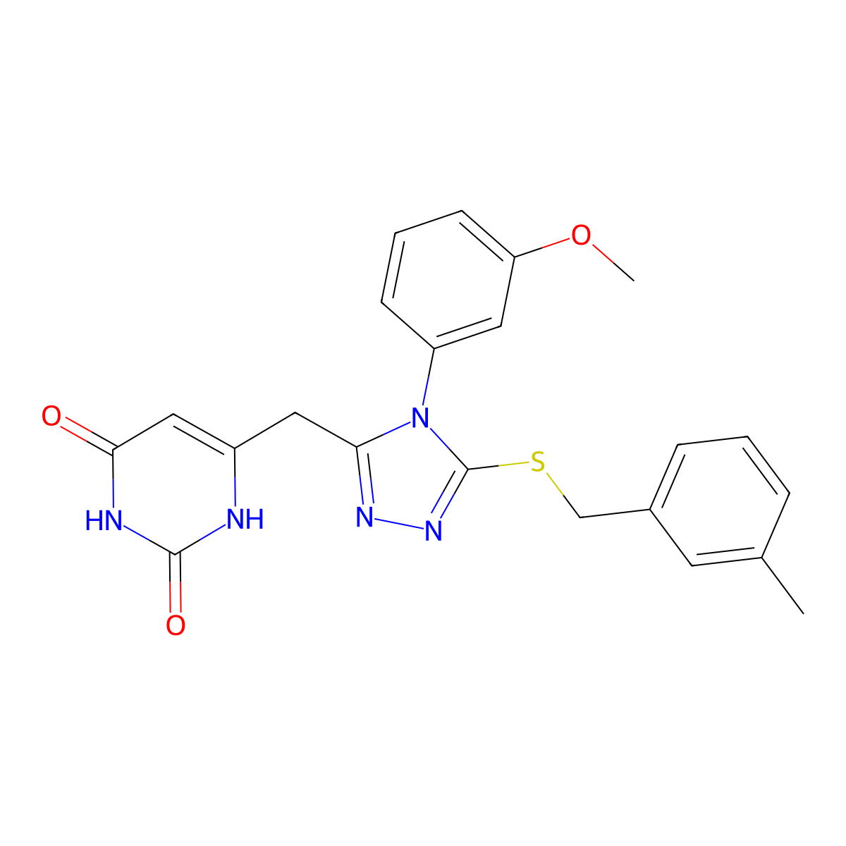 6-((4-(3-methoxyphenyl)-5-((3-methylbenzyl)thio)-4H-1,2,4-triazol-3-yl)methyl)pyrimidine-2,4(1H,3H)-dione molecular structure, CAS 852049-23-1