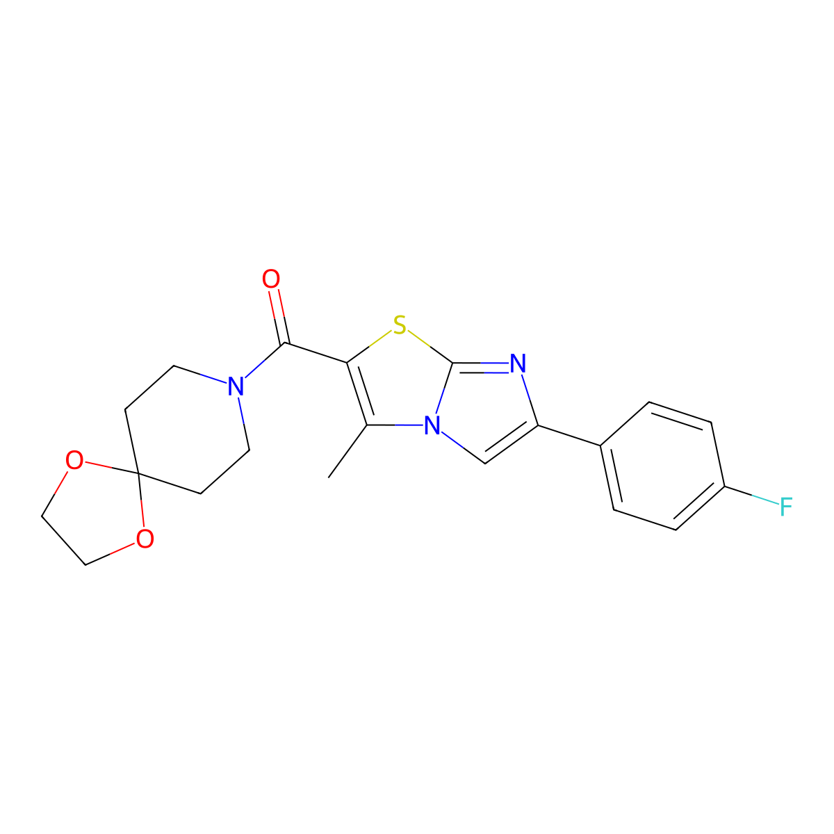 (6-(4-Fluorophenyl)-3-methylimidazo[2,1-b]thiazol-2-yl)(1,4-dioxa-8-azaspiro[4.5]decan-8-yl)methanone molecular structure, CAS 852133-82-5