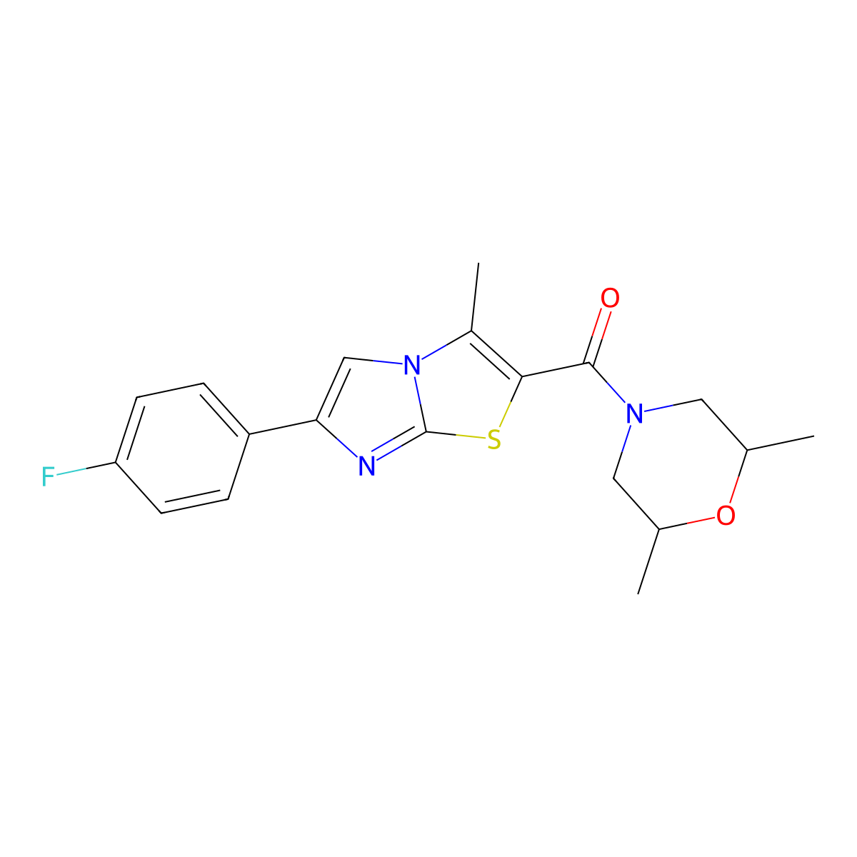 (2,6-Dimethylmorpholino)(6-(4-fluorophenyl)-3-methylimidazo[2,1-b]thiazol-2-yl)methanone molecular structure, CAS 852133-83-6