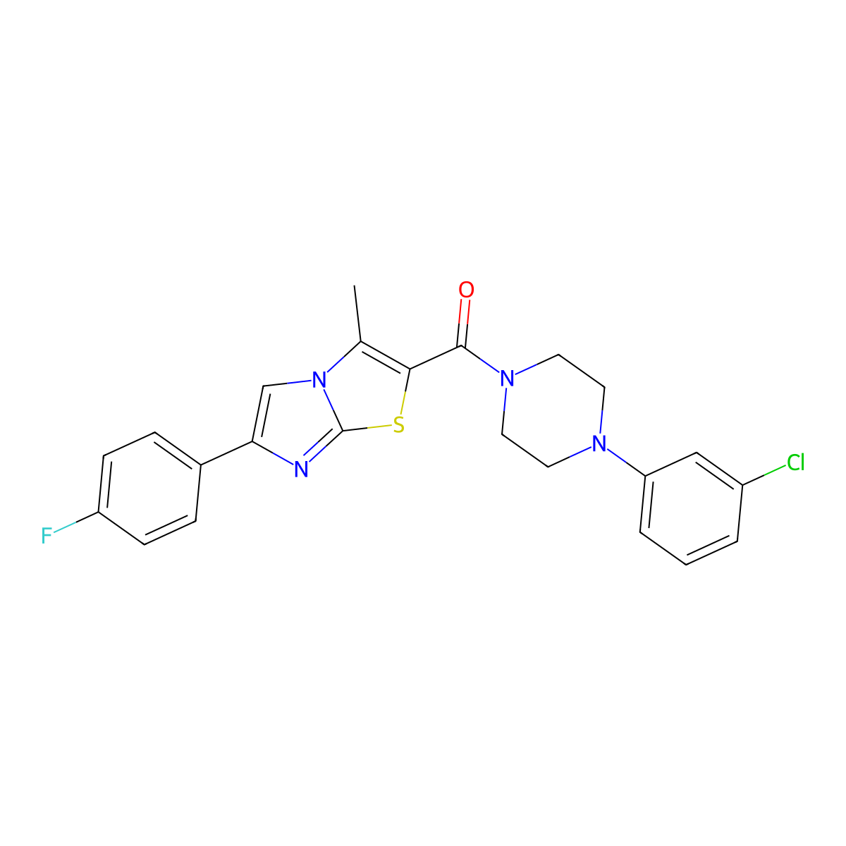 (4-(3-Chlorophenyl)piperazin-1-yl)(6-(4-fluorophenyl)-3-methylimidazo[2,1-b]thiazol-2-yl)methanone molecular structure, CAS 852133-87-0