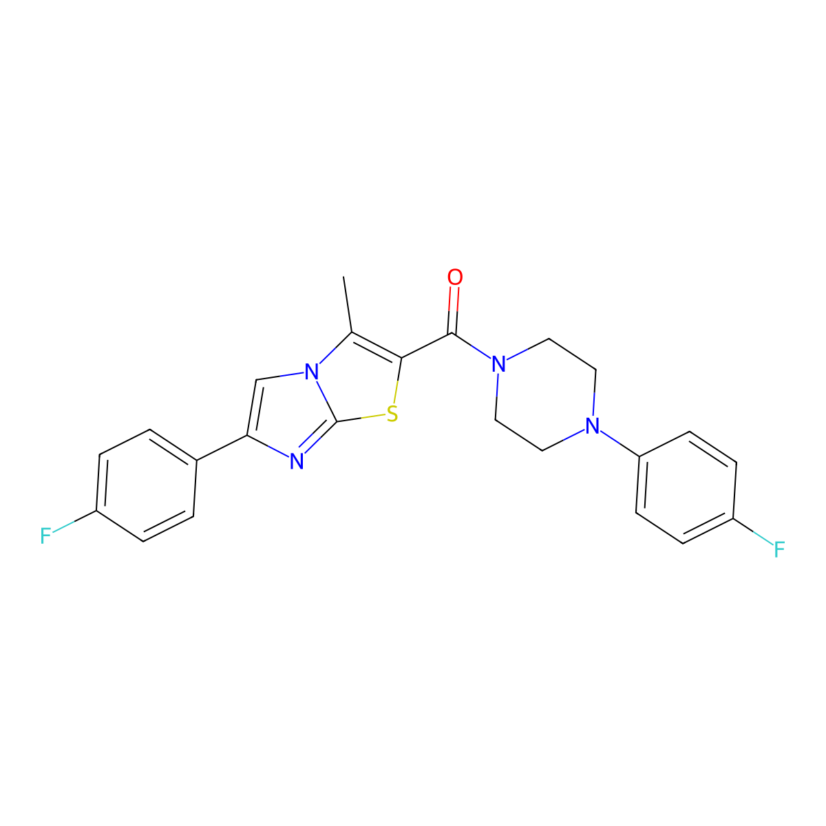 (6-(4-Fluorophenyl)-3-methylimidazo[2,1-b]thiazol-2-yl)(4-(4-fluorophenyl)piperazin-1-yl)methanone molecular structure, CAS 852133-89-2