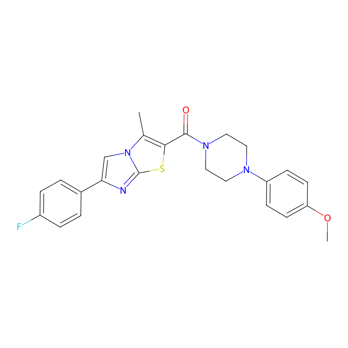 (6-(4-Fluorophenyl)-3-methylimidazo[2,1-b]thiazol-2-yl)(4-(4-methoxyphenyl)piperazin-1-yl)methanone molecular structure, CAS 852133-90-5