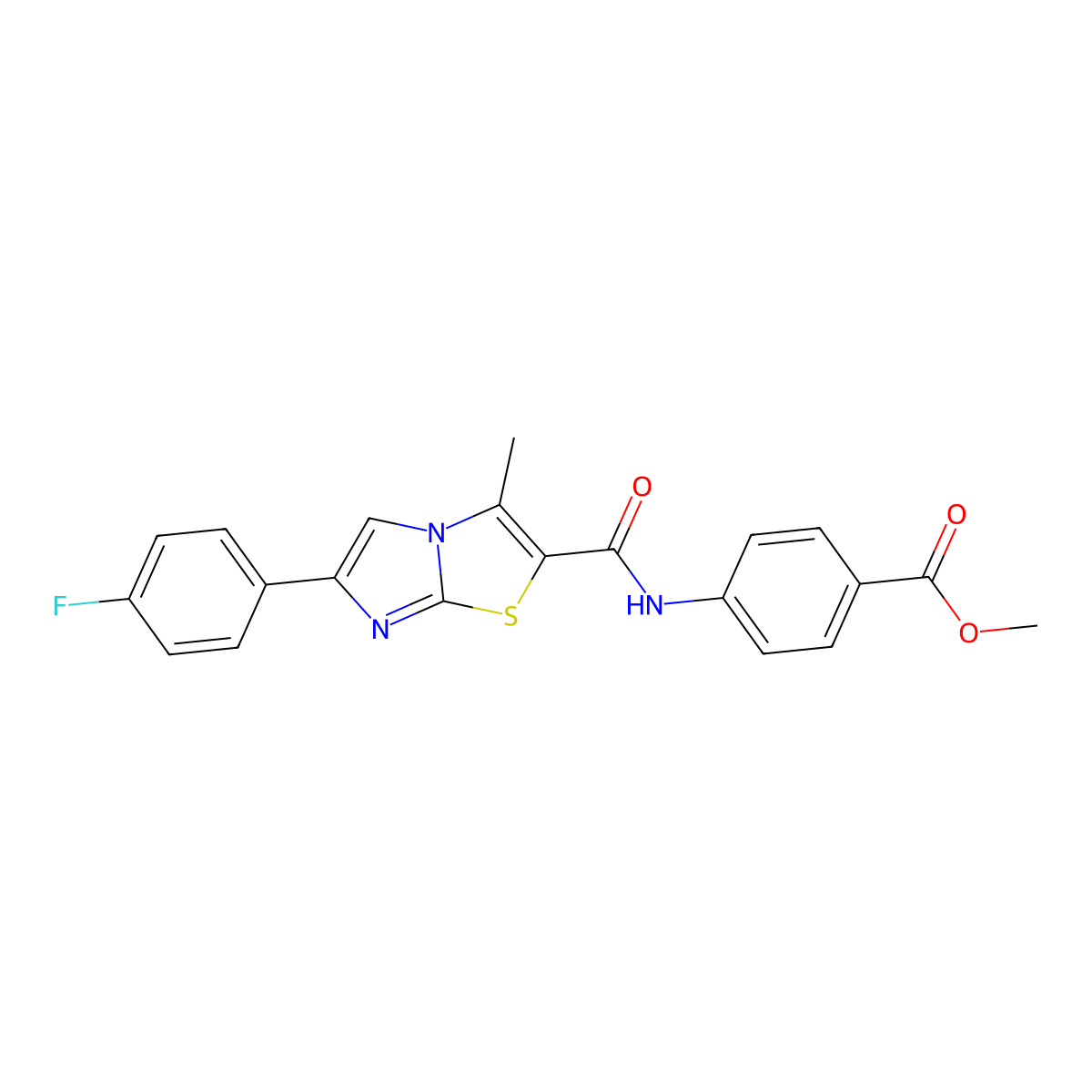 Methyl 4-(6-(4-fluorophenyl)-3-methylimidazo[2,1-b]thiazole-2-carboxamido)benzoate molecular structure, CAS 852134-30-6