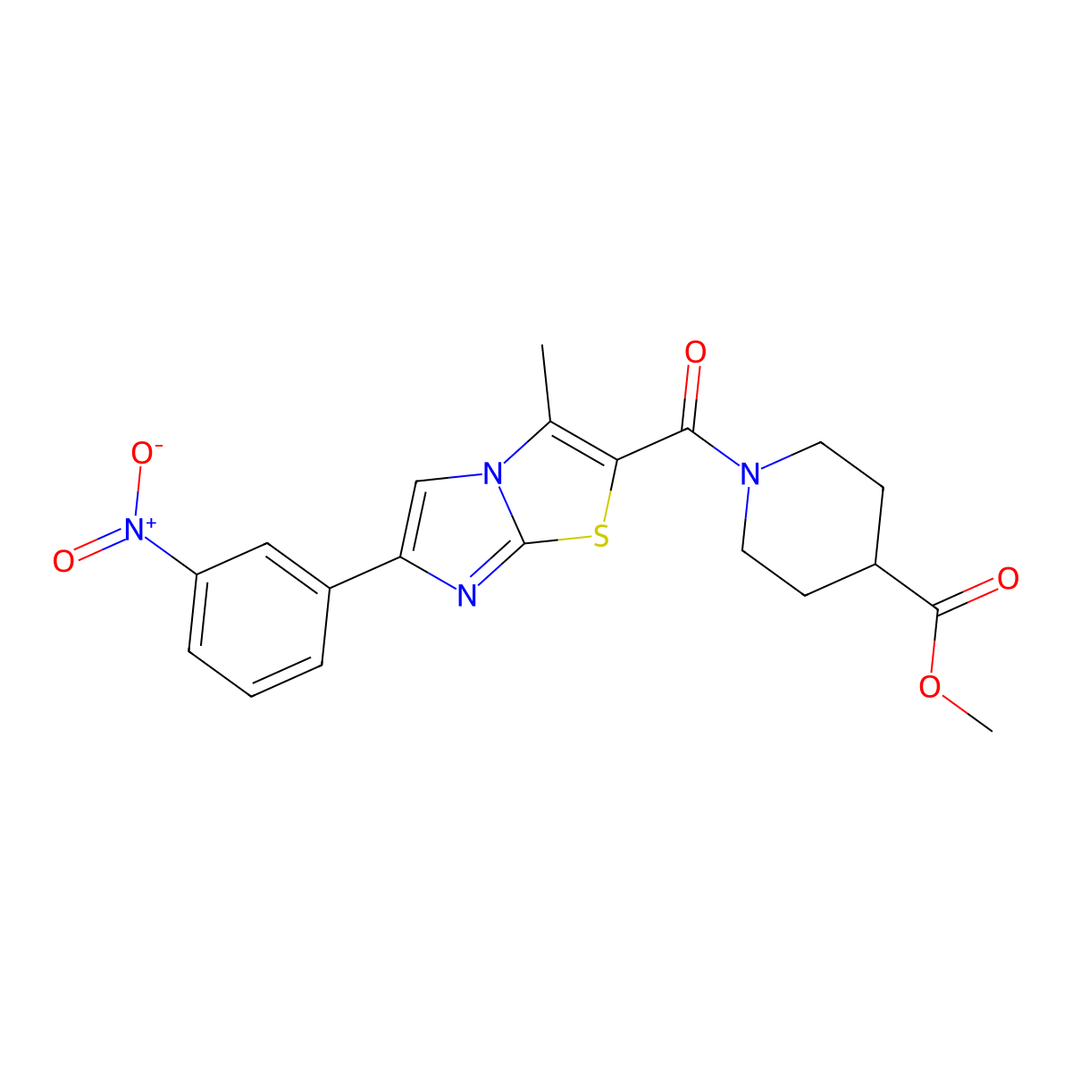 Methyl 1-(3-methyl-6-(3-nitrophenyl)imidazo[2,1-b]thiazole-2-carbonyl)piperidine-4-carboxylate molecular structure, CAS 852135-33-2