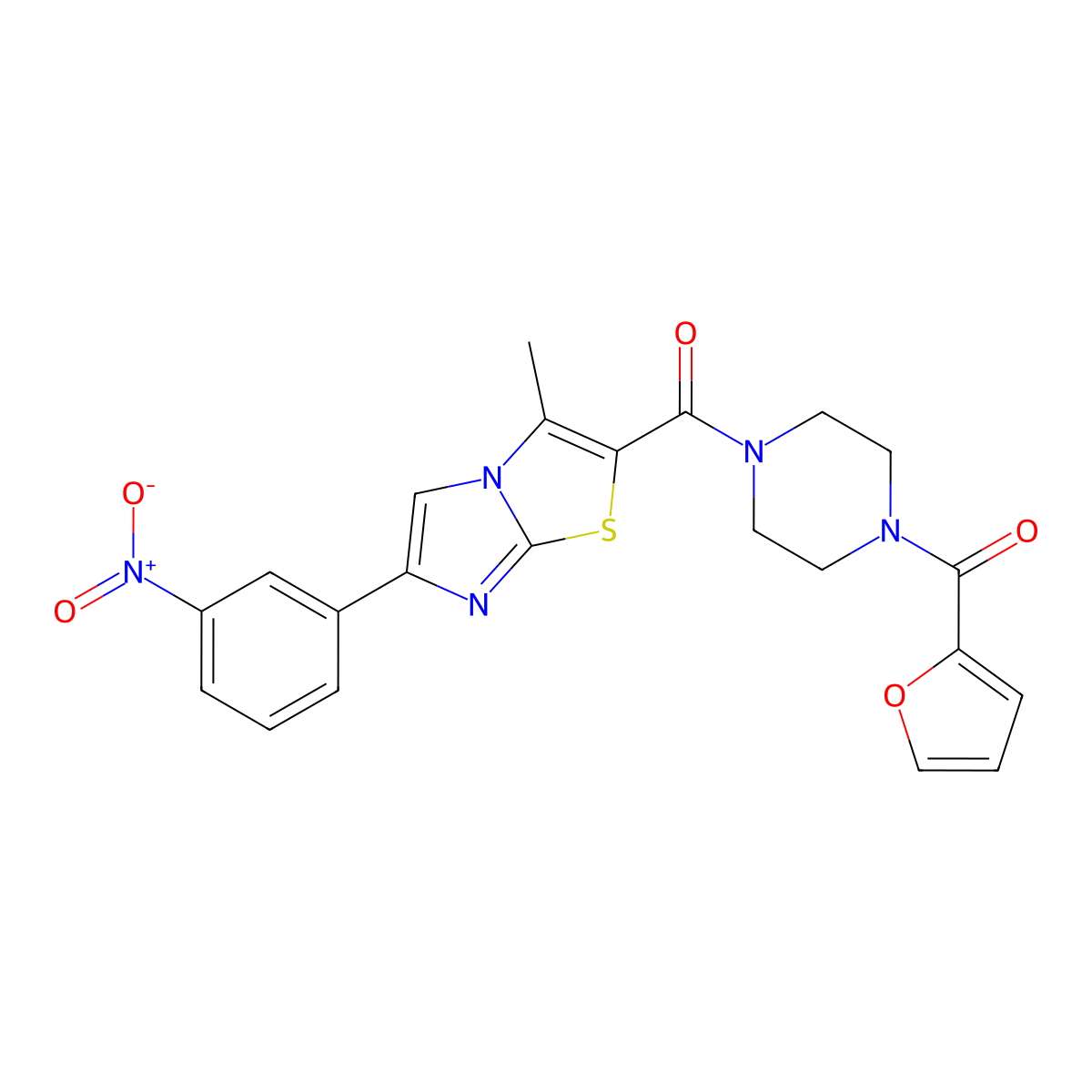 (4-(Furan-2-carbonyl)piperazin-1-yl)(3-methyl-6-(3-nitrophenyl)imidazo[2,1-b]thiazol-2-yl)methanone molecular structure, CAS 852135-45-6