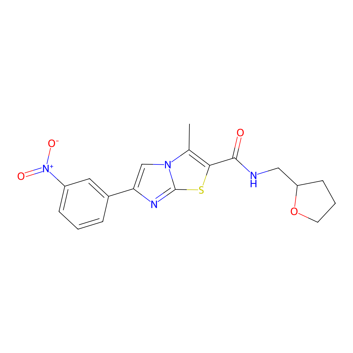 3-methyl-6-(3-nitrophenyl)-N-((tetrahydrofuran-2-yl)methyl)imidazo[2,1-b]thiazole-2-carboxamide molecular structure, CAS 852135-65-0