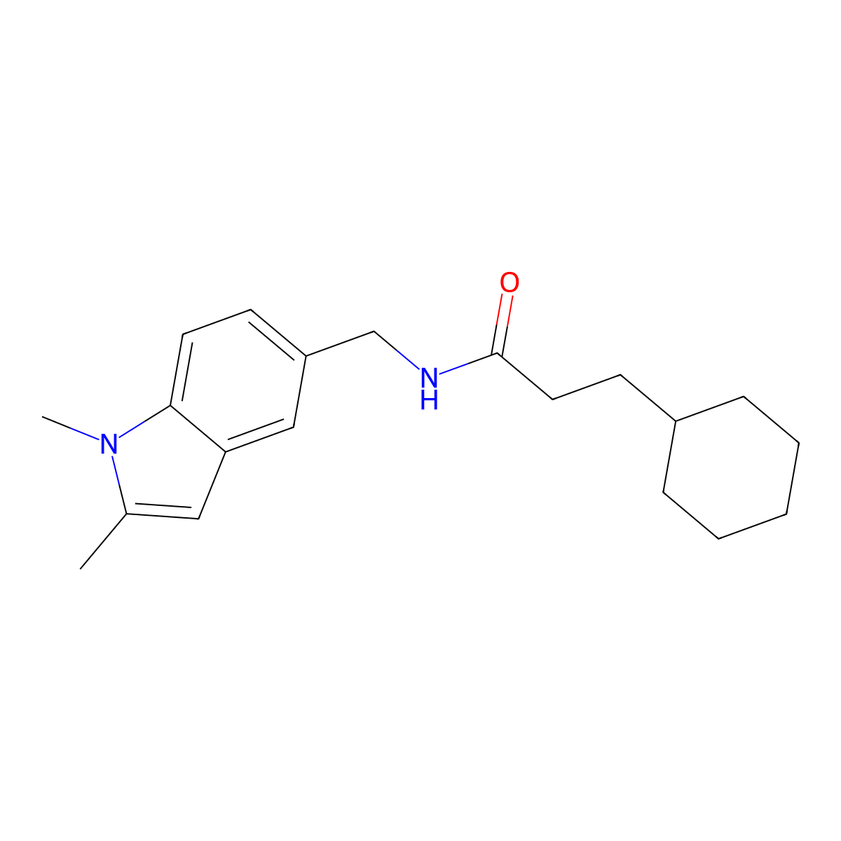 3-cyclohexyl-N-((1,2-dimethyl-1H-indol-5-yl)methyl)propanamide molecular structure, CAS 852137-07-6