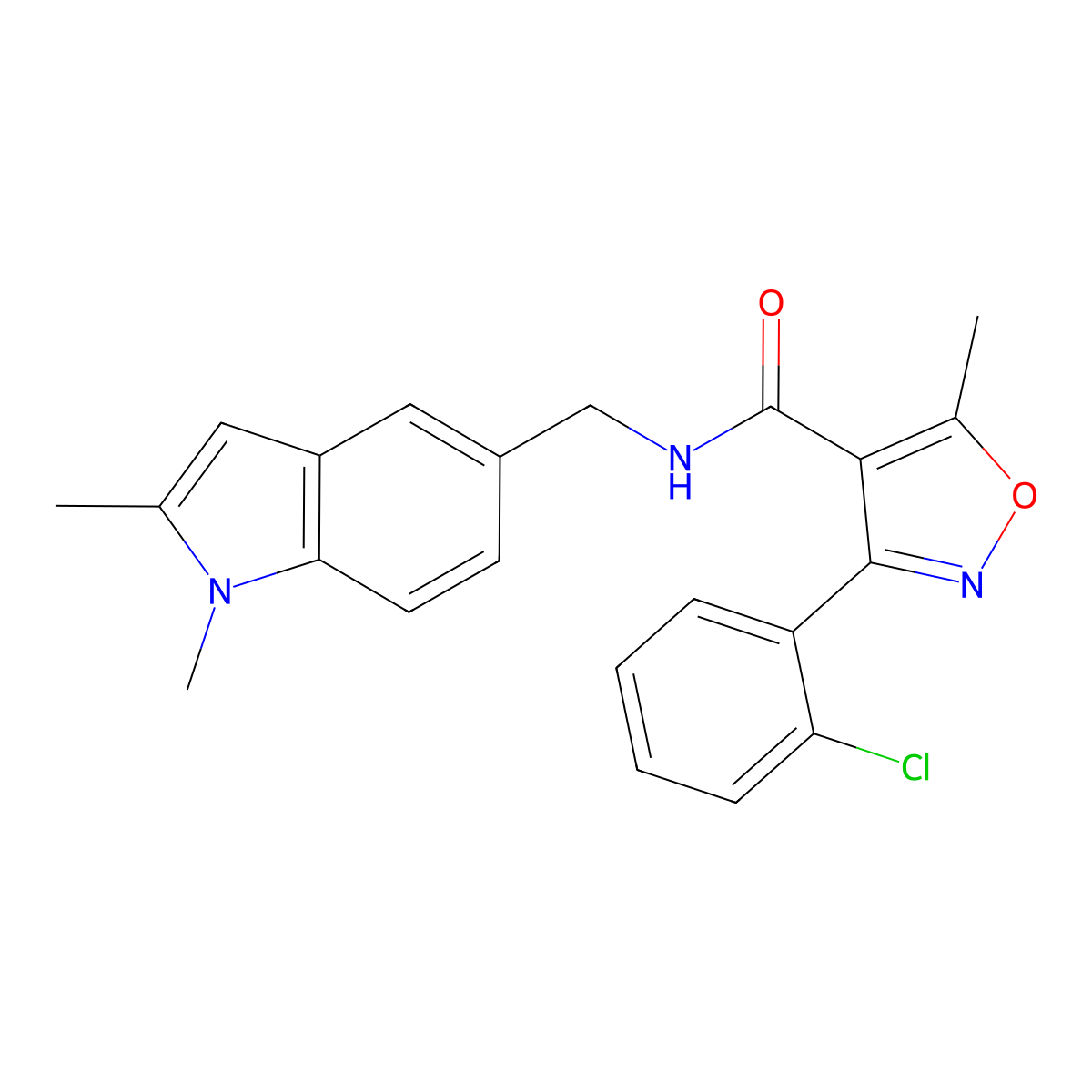 3-(2-chlorophenyl)-N-[(1,2-dimethylindol-5-yl)methyl]-5-methyl-1,2-oxazole-4-carboxamide molecular structure, CAS 852137-88-3