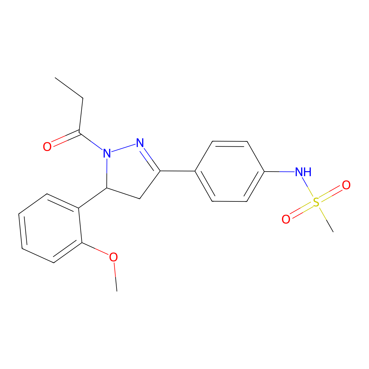 N-(4-(5-(2-methoxyphenyl)-1-propionyl-4,5-dihydro-1H-pyrazol-3-yl)phenyl)methanesulfonamide molecular structure, CAS 852140-92-2