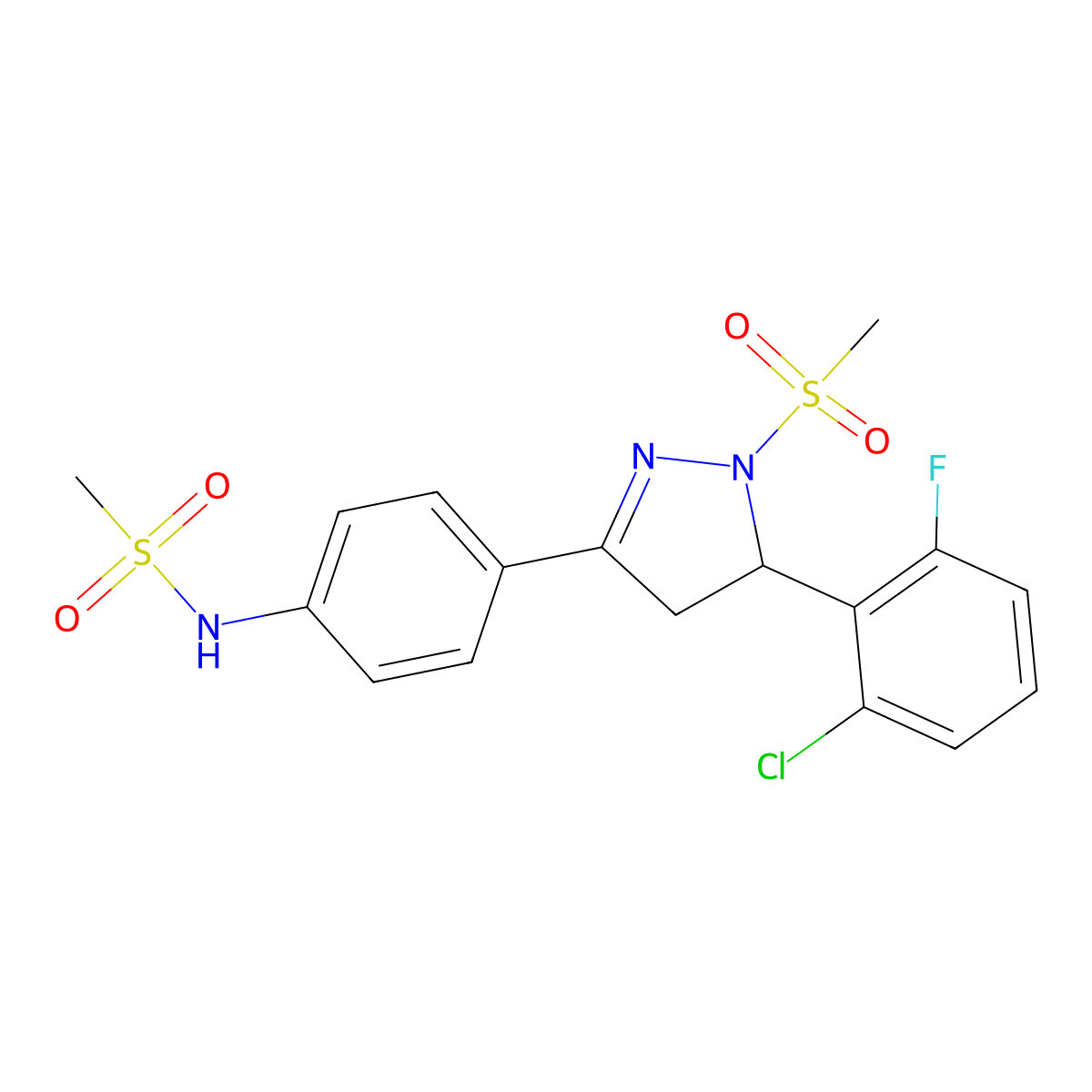 N-(4-(5-(2-chloro-6-fluorophenyl)-1-(methylsulfonyl)-4,5-dihydro-1H-pyrazol-3-yl)phenyl)methanesulfonamide molecular structure, CAS 852140-95-5