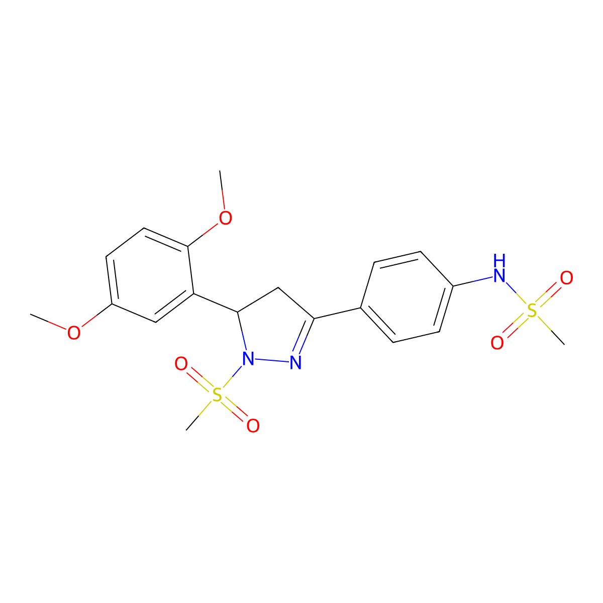 N-(4-(5-(2,5-dimethoxyphenyl)-1-(methylsulfonyl)-4,5-dihydro-1H-pyrazol-3-yl)phenyl)methanesulfonamide molecular structure, CAS 852141-09-4