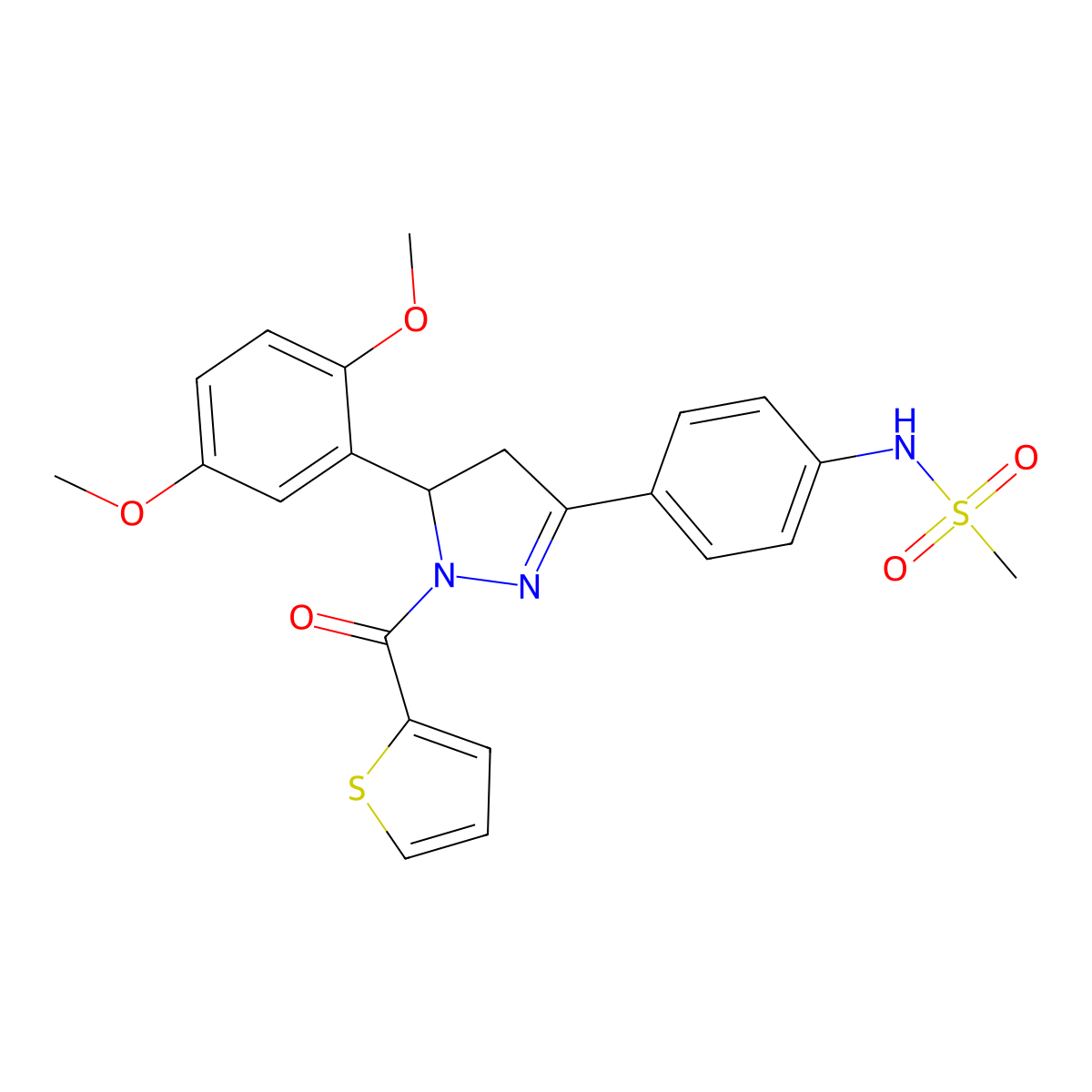 N-{4-[5-(2,5-dimethoxyphenyl)-1-(thiophene-2-carbonyl)-4,5-dihydro-1H-pyrazol-3-yl]phenyl}methanesulfonamide molecular structure, CAS 852141-12-9