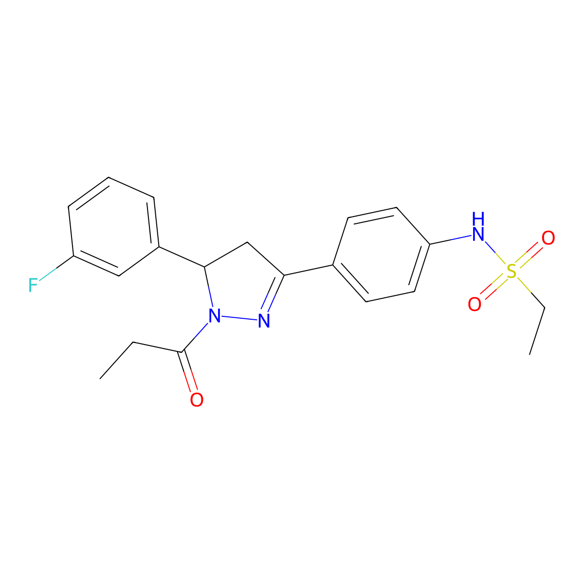 N-{4-[5-(3-fluorophenyl)-1-propanoyl-4,5-dihydro-1H-pyrazol-3-yl]phenyl}ethane-1-sulfonamide molecular structure, CAS 852141-21-0