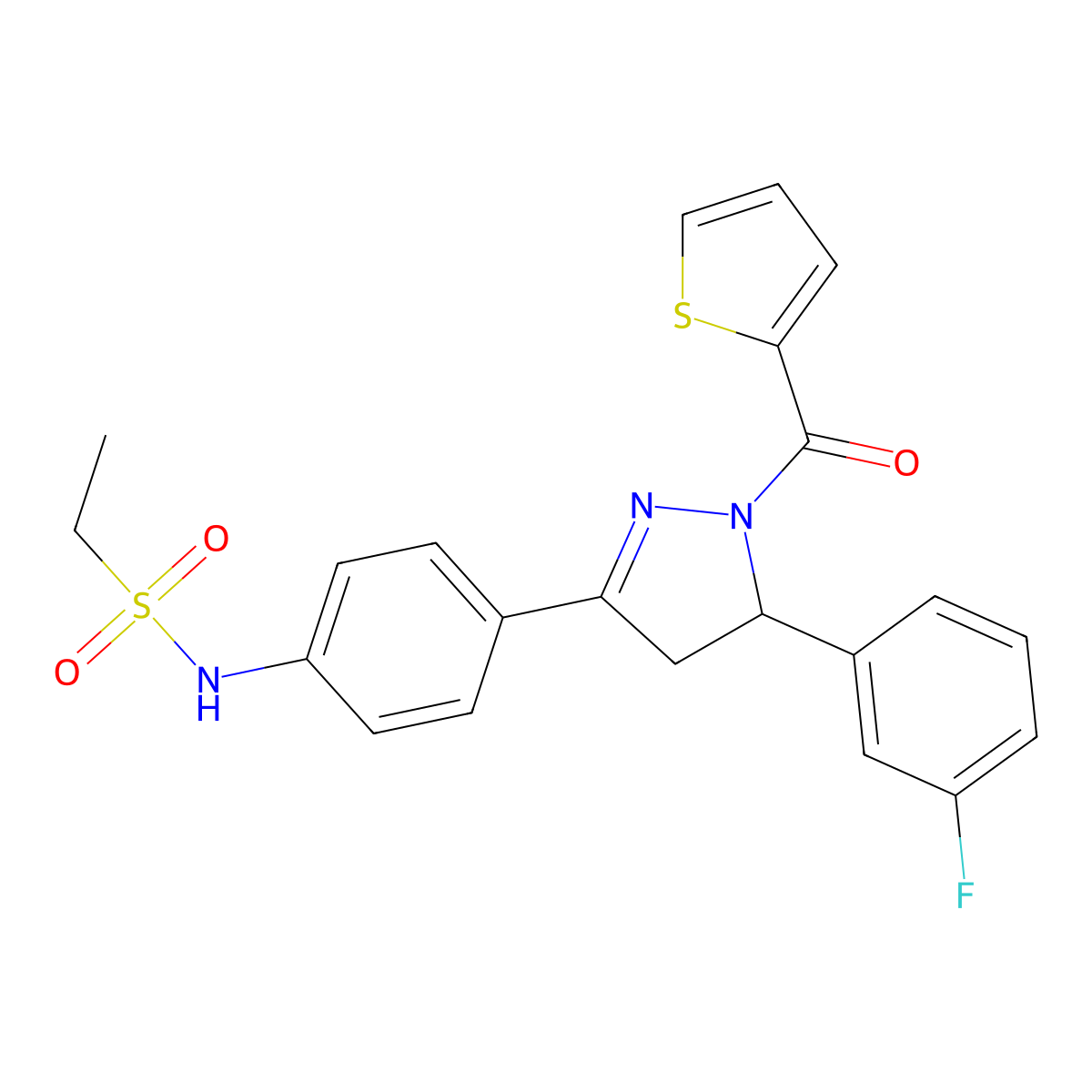 N-{4-[5-(3-fluorophenyl)-1-(thiophene-2-carbonyl)-4,5-dihydro-1H-pyrazol-3-yl]phenyl}ethane-1-sulfonamide molecular structure, CAS 852141-23-2