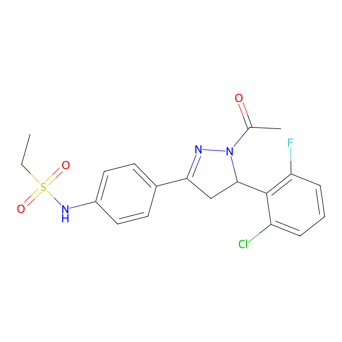 N-[4-[2-acetyl-3-(2-chloro-6-fluorophenyl)-3,4-dihydropyrazol-5-yl]phenyl]ethanesulfonamide molecular structure, CAS 852141-43-6