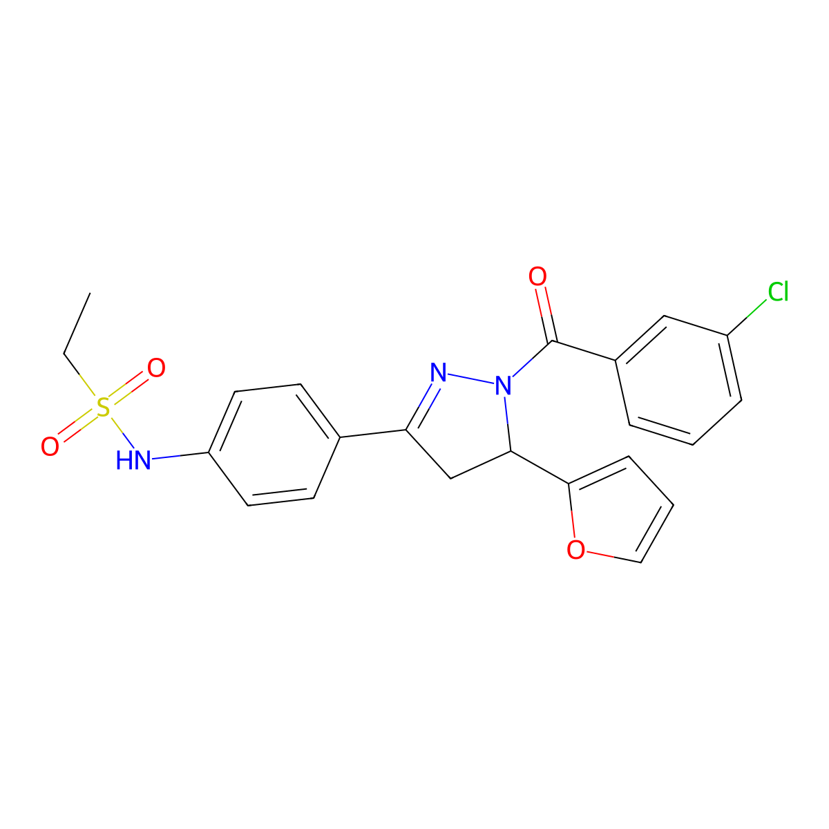 N-{4-[1-(3-chlorobenzoyl)-5-(furan-2-yl)-4,5-dihydro-1H-pyrazol-3-yl]phenyl}ethane-1-sulfonamide molecular structure, CAS 852141-47-0