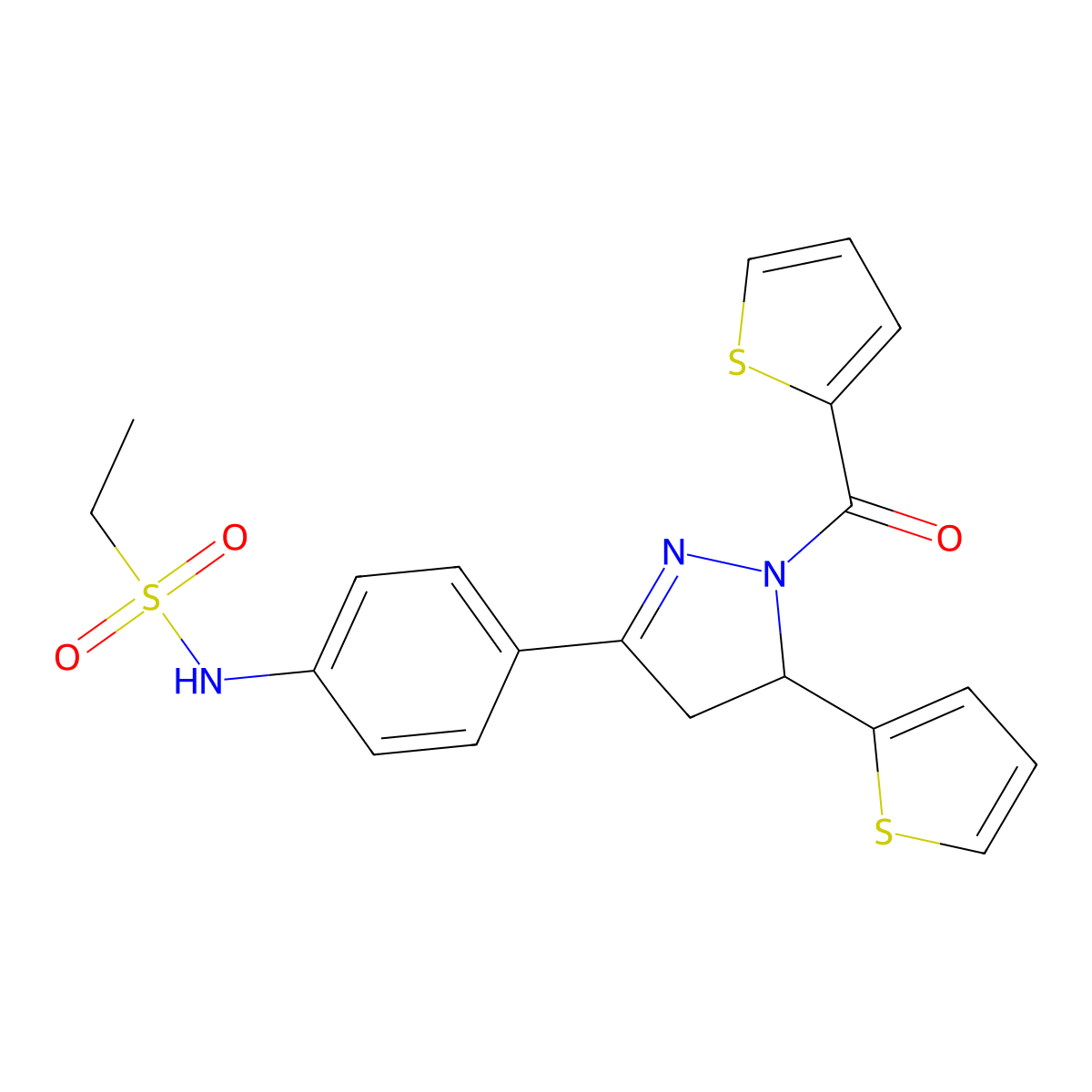 N-(4-(5-(thiophen-2-yl)-1-(thiophene-2-carbonyl)-4,5-dihydro-1H-pyrazol-3-yl)phenyl)ethanesulfonamide molecular structure, CAS 852141-54-9