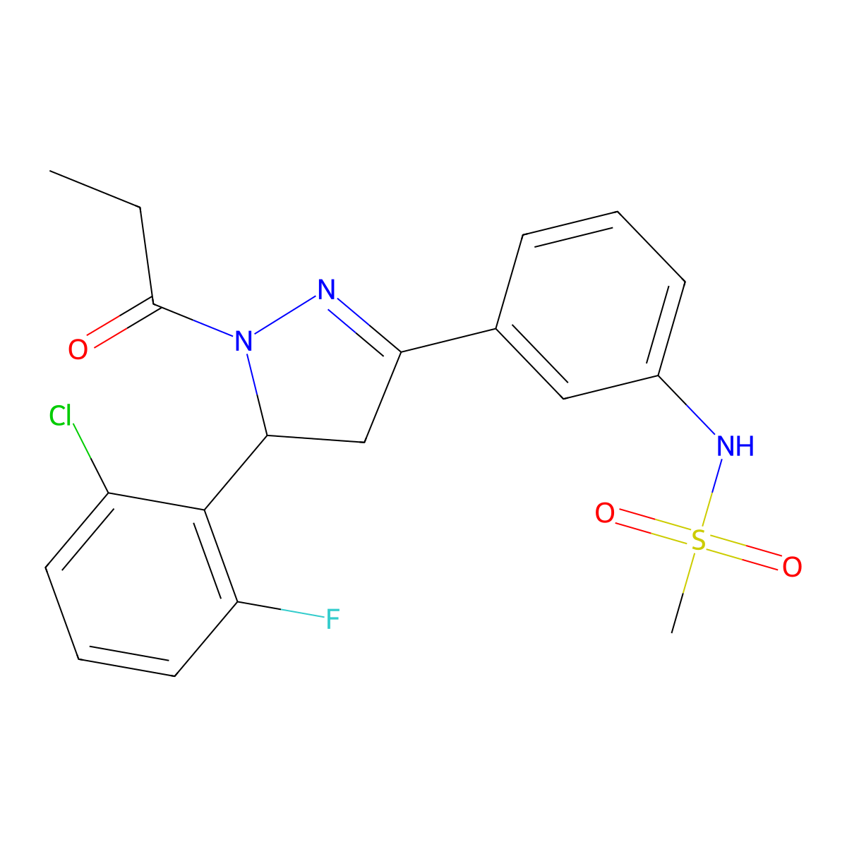 N-(3-(5-(2-chloro-6-fluorophenyl)-1-propionyl-4,5-dihydro-1H-pyrazol-3-yl)phenyl)methanesulfonamide molecular structure, CAS 852141-79-8