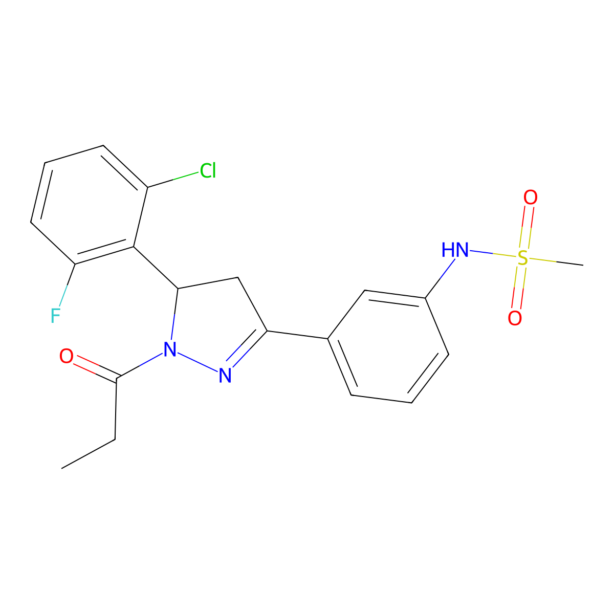 N-(3-(5-(2-chloro-6-fluorophenyl)-1-propionyl-4,5-dihydro-1H-pyrazol-3-yl)phenyl)methanesulfonamide molecular structure, CAS 852141-79-8