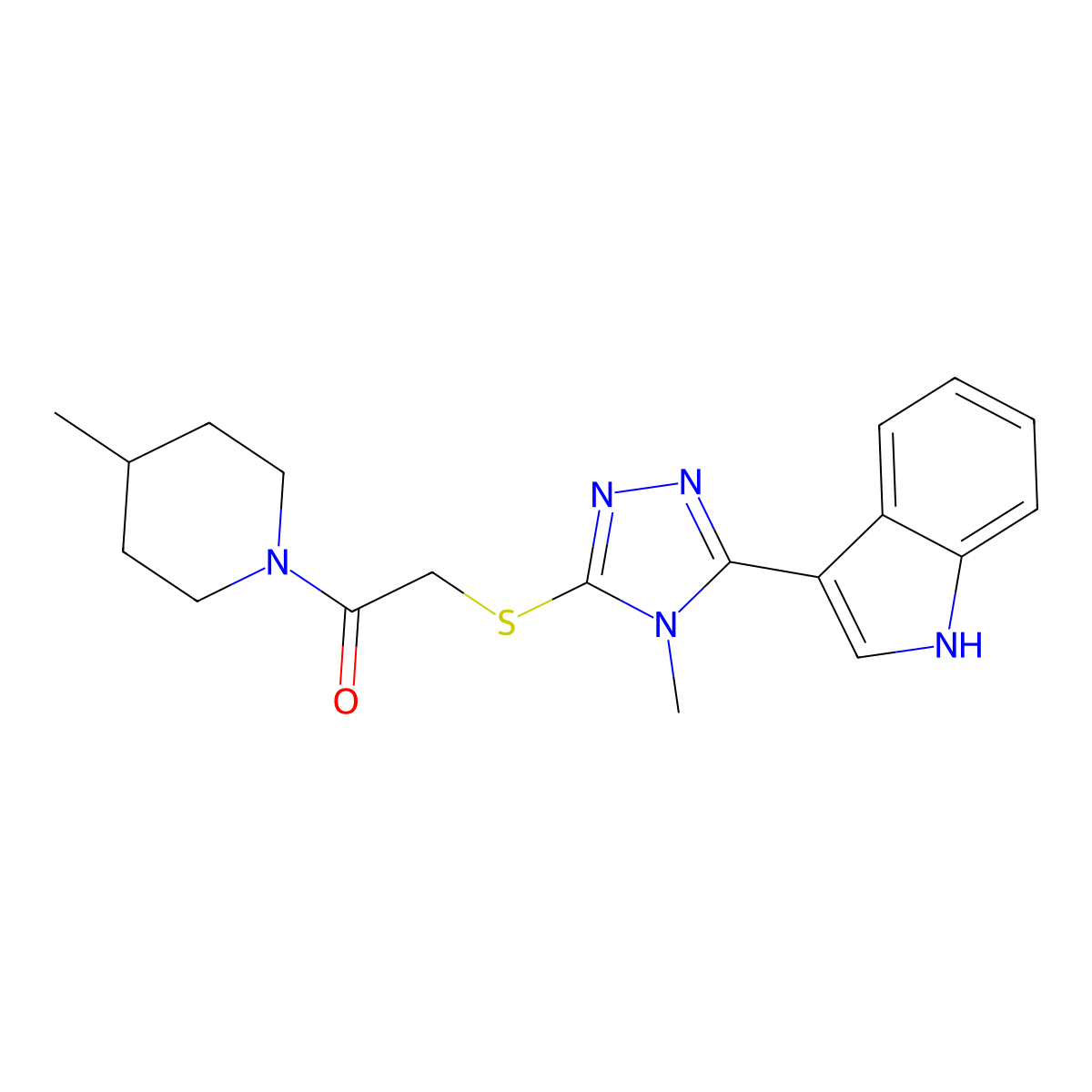 2-((5-(1H-indol-3-yl)-4-methyl-4H-1,2,4-triazol-3-yl)thio)-1-(4-methylpiperidin-1-yl)ethanone molecular structure, CAS 852142-06-4