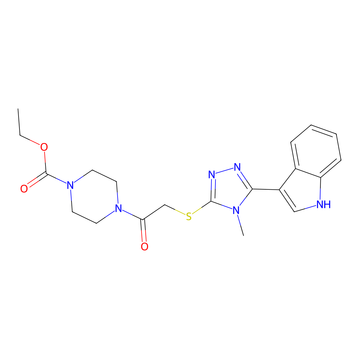 ethyl 4-(2-((5-(1H-indol-3-yl)-4-methyl-4H-1,2,4-triazol-3-yl)thio)acetyl)piperazine-1-carboxylate molecular structure, CAS 852142-09-7