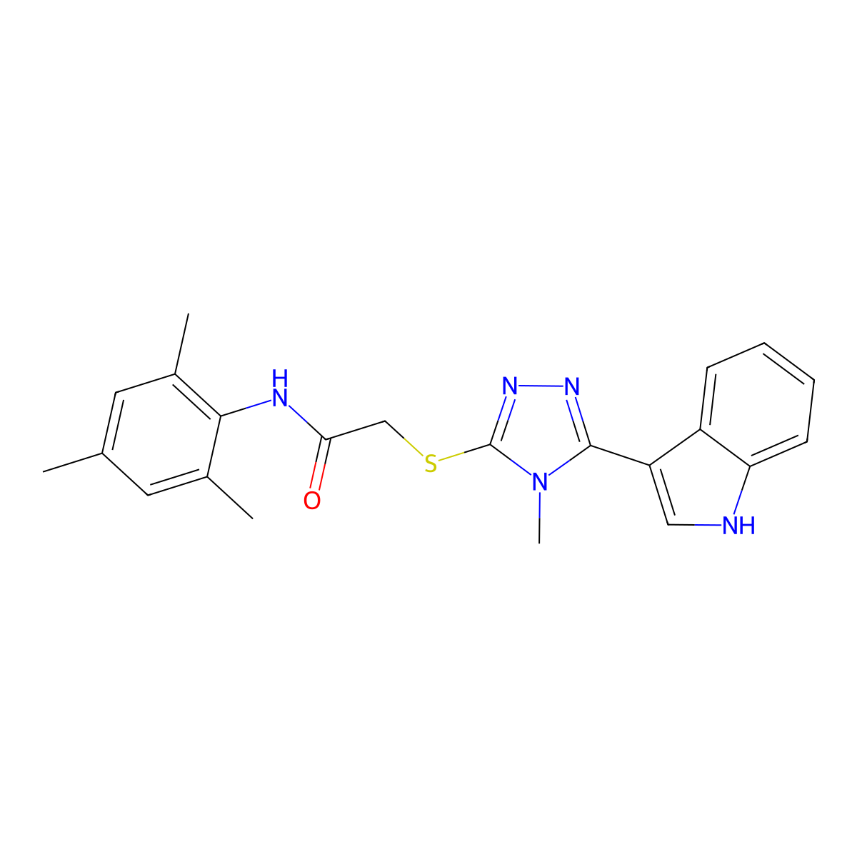 2-((5-(1H-indol-3-yl)-4-methyl-4H-1,2,4-triazol-3-yl)thio)-N-mesitylacetamide molecular structure, CAS 852142-82-6
