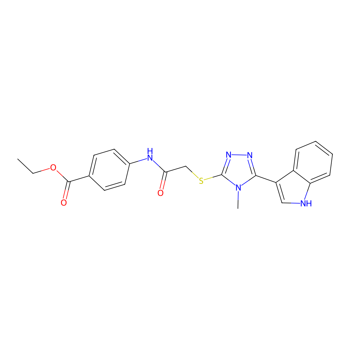 ethyl 4-(2-((5-(1H-indol-3-yl)-4-methyl-4H-1,2,4-triazol-3-yl)thio)acetamido)benzoate molecular structure, CAS 852143-06-7