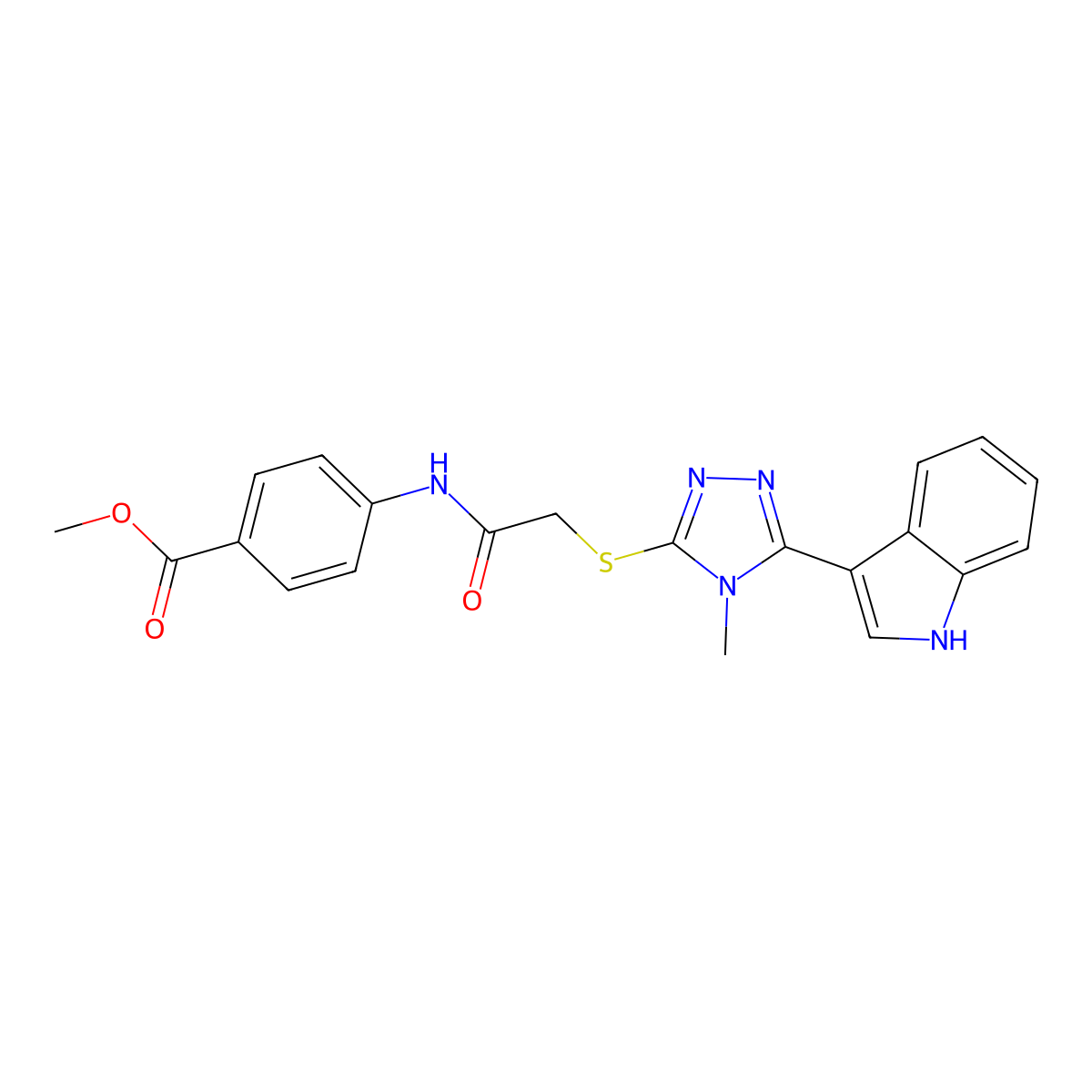 methyl 4-(2-((5-(1H-indol-3-yl)-4-methyl-4H-1,2,4-triazol-3-yl)thio)acetamido)benzoate molecular structure, CAS 852143-07-8