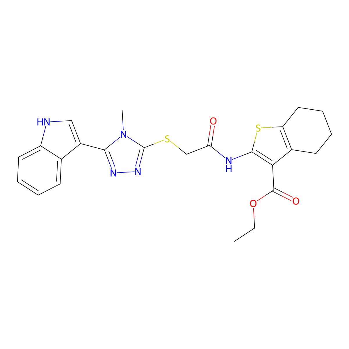ethyl 2-(2-((5-(1H-indol-3-yl)-4-methyl-4H-1,2,4-triazol-3-yl)thio)acetamido)-4,5,6,7-tetrahydrobenzo[b]thiophene-3-carboxylate molecular structure, CAS 852143-21-6